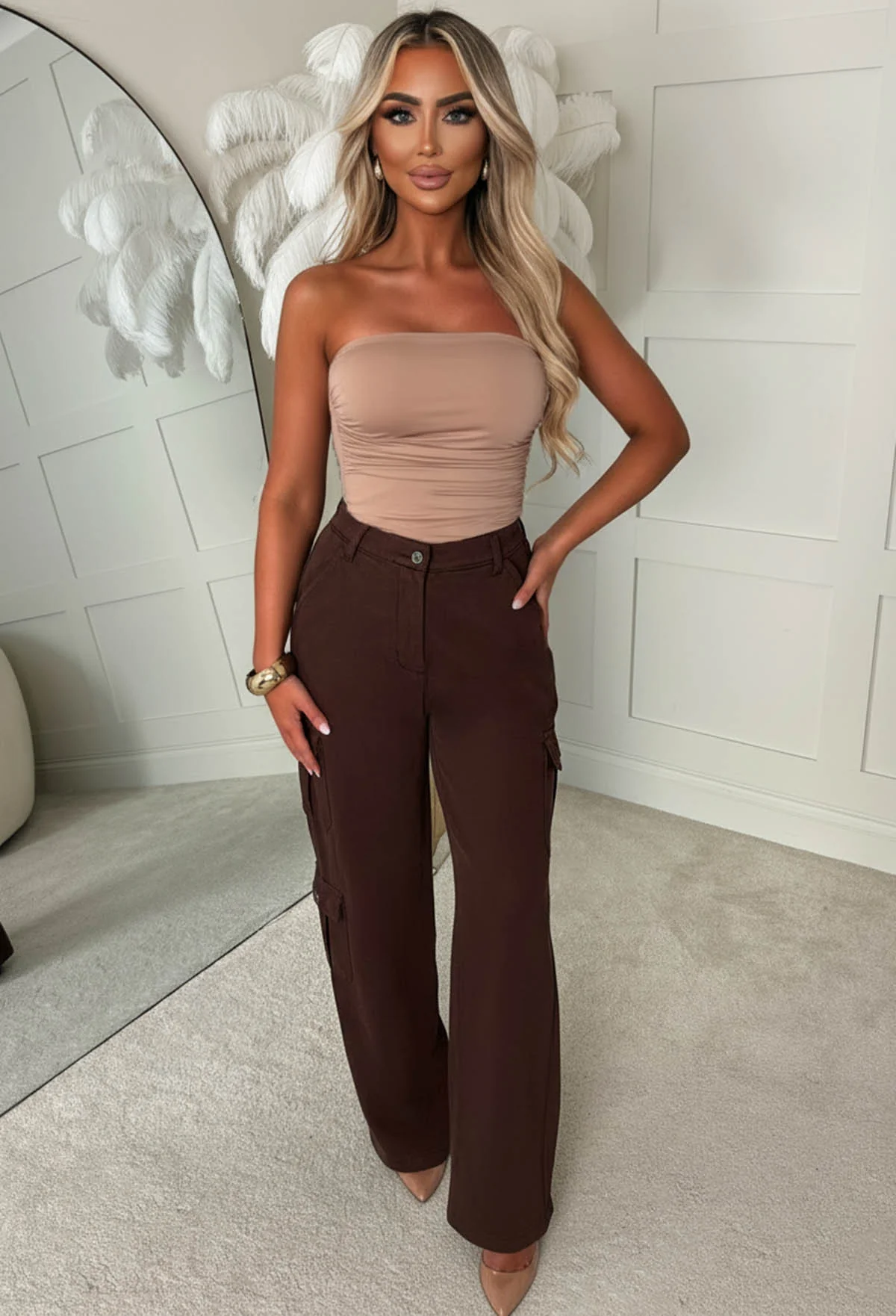 Cargo Revolution Brown Cargo Wide Leg Stretch Trousers - Image 3