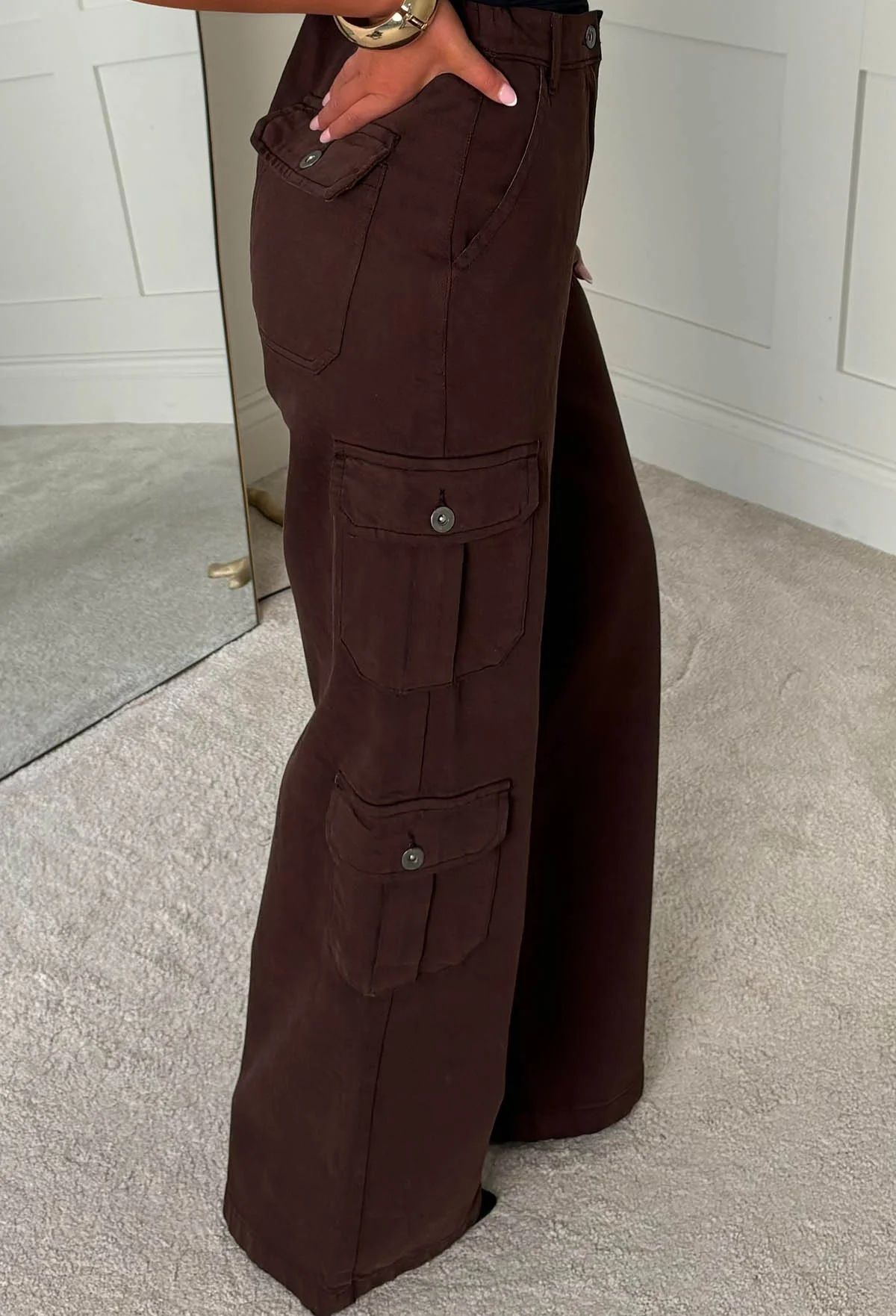 Cargo Revolution Brown Cargo Wide Leg Stretch Trousers - Image 4