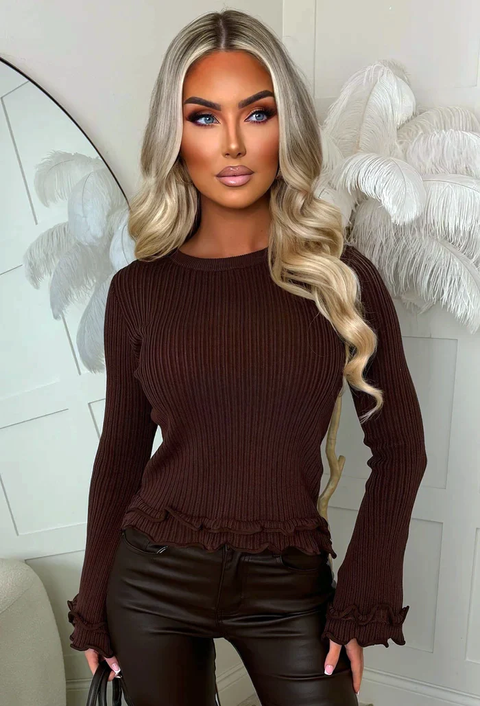 Casual Girl Brown Frill Detail Jumper - Image 3