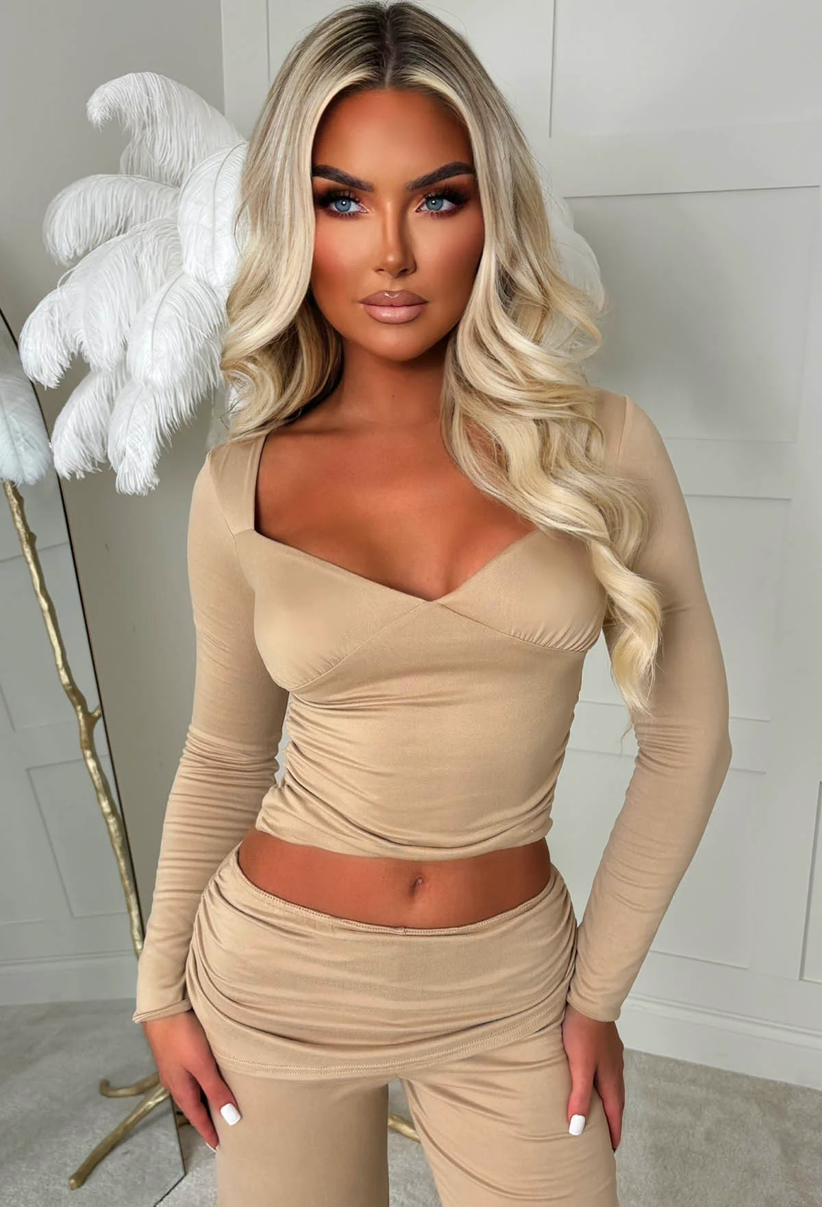 Casually Luxe Beige Stretch Ruched Long Sleeve Top - Image 3