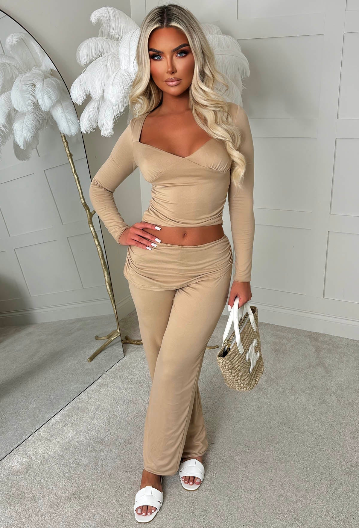 Casually Luxe Beige Stretch Ruched Long Sleeve Top - Image 4