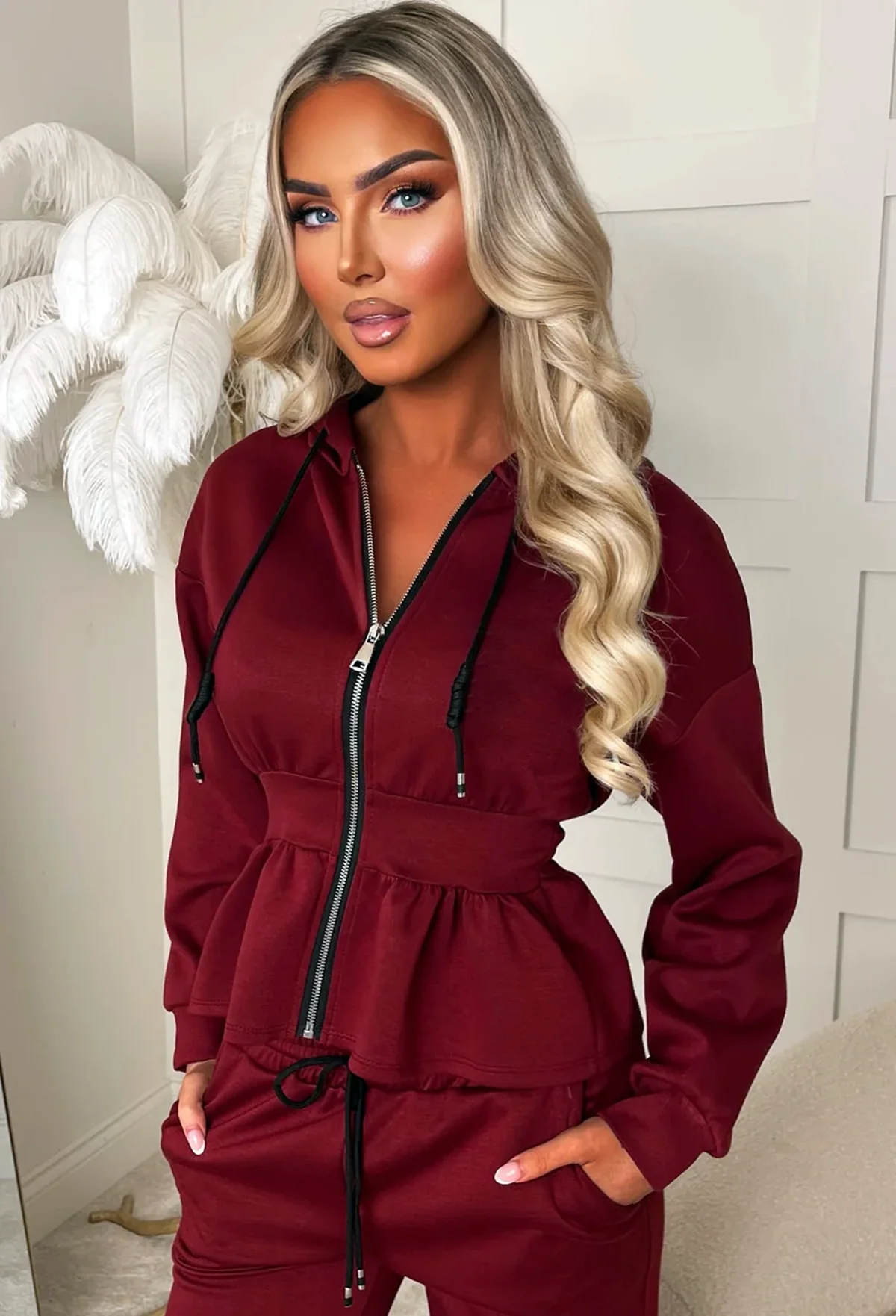 Celeste Chic Burgundy Peplum Loungewear Co-ord - Image 3