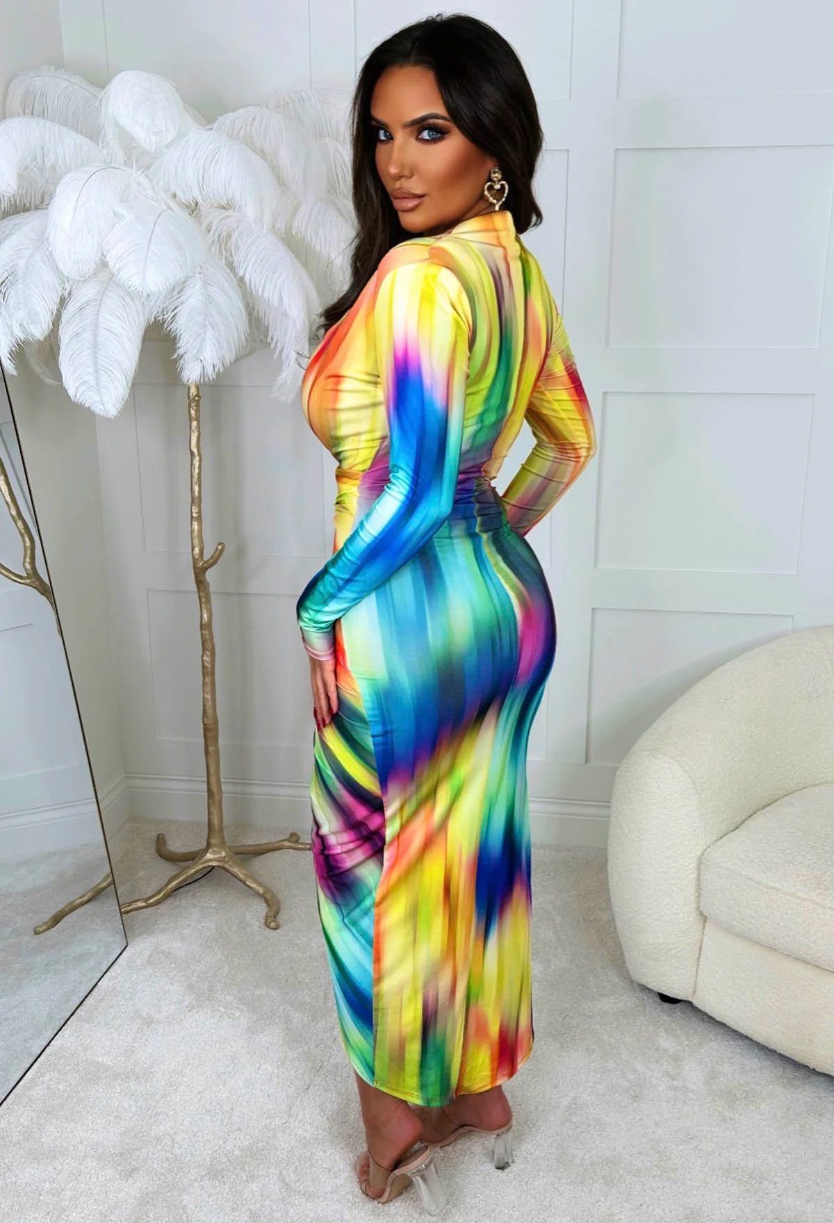 Chasing Rainbows Multi Shoulder Padded Long Sleeve Ruched Midi Dress - Image 2