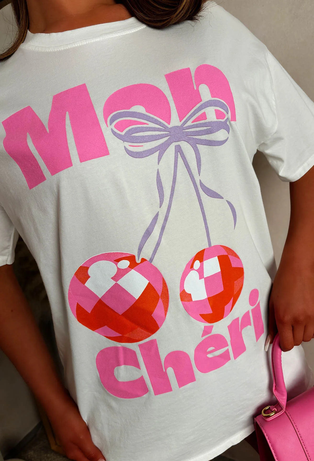 Cherry Chic White Oversized Printed Tee - Image 3