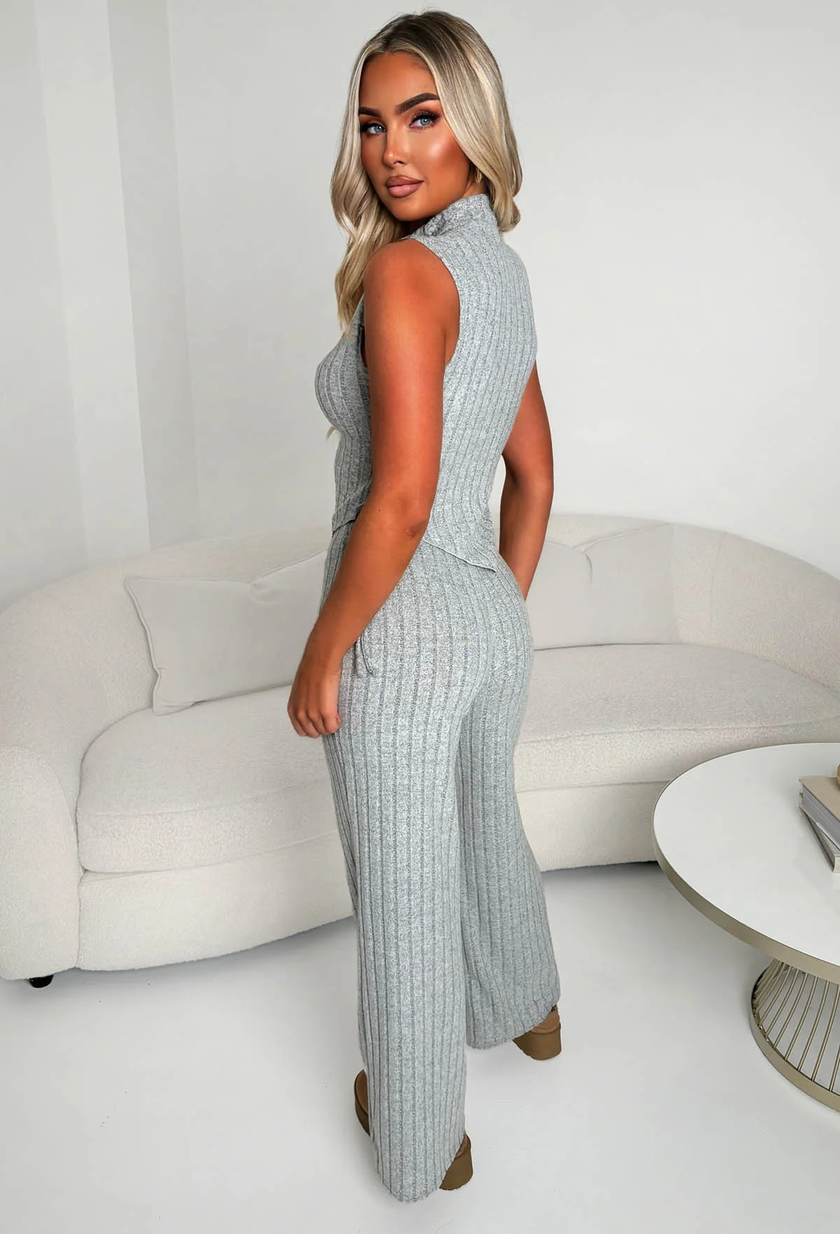 Chic Retreat Grey Marl Ribbed Top & Trousers Set - Image 2