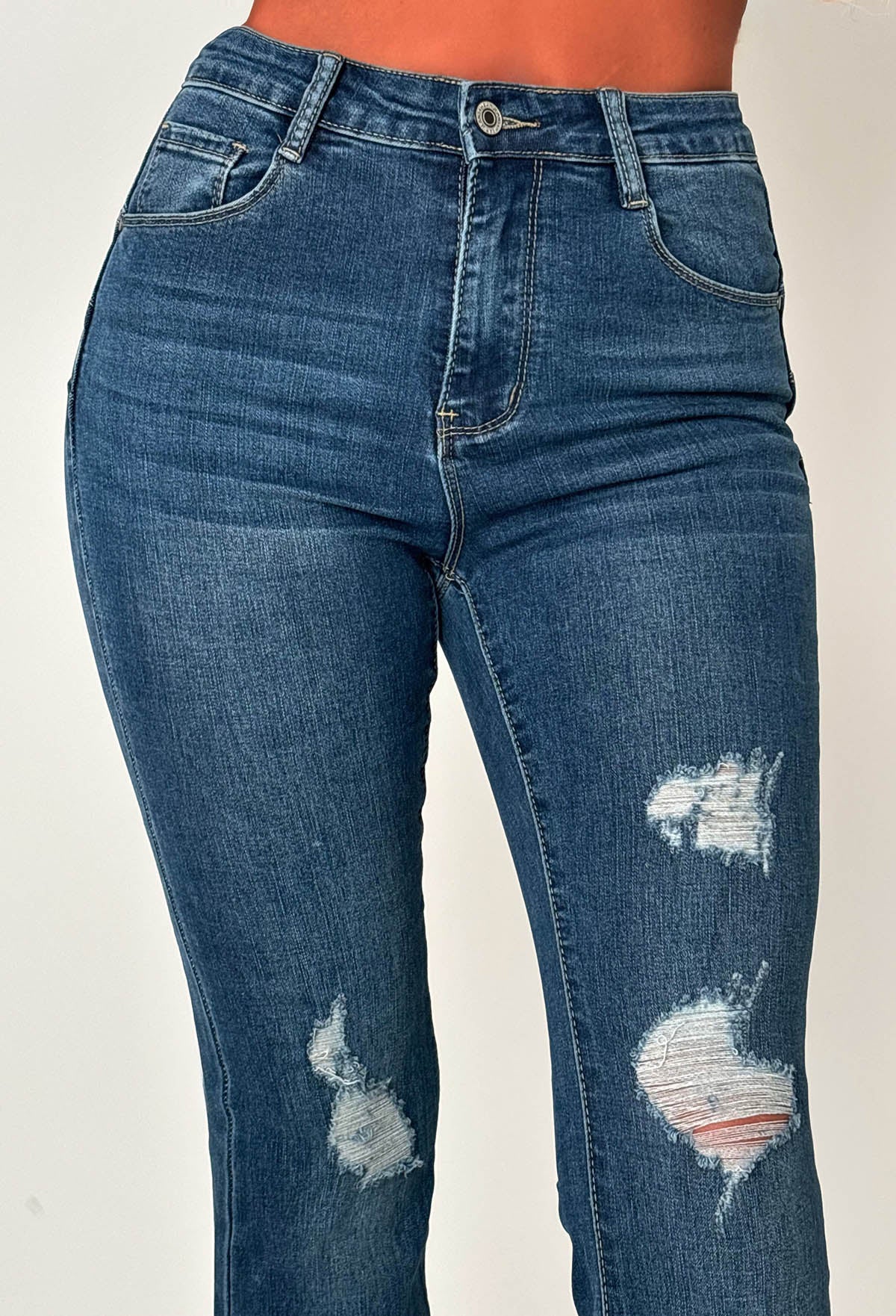 Christiane Ripped Mid Blue Stretch Push Up Flared Jeans - Image 3