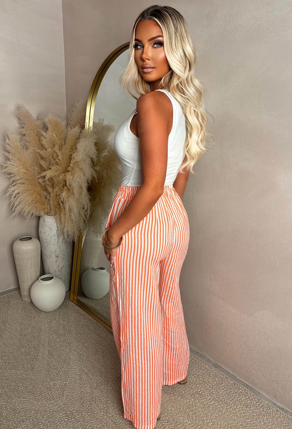 Citrus Bliss Orange Striped Elasticated Waist Trousers - Image 2