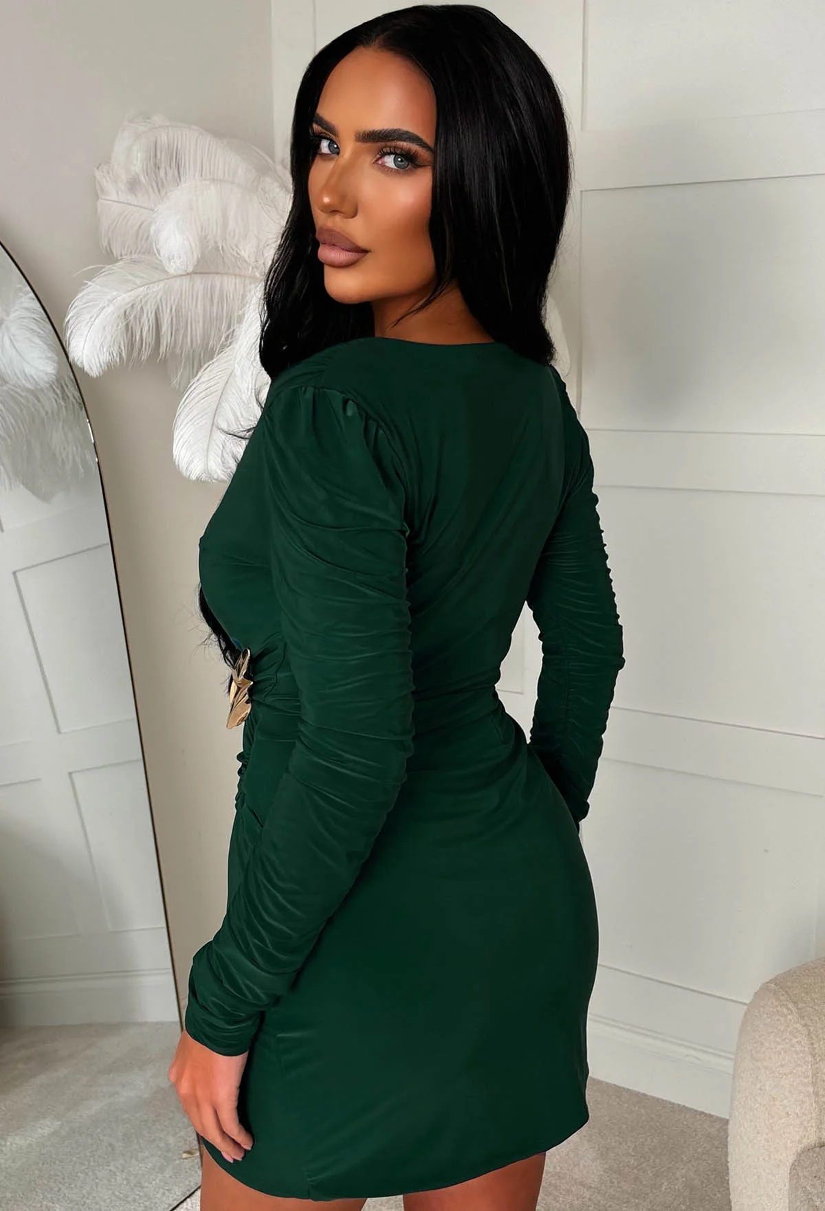 City Girl Green Gold Button Wrap Front Mini Dress - Image 3