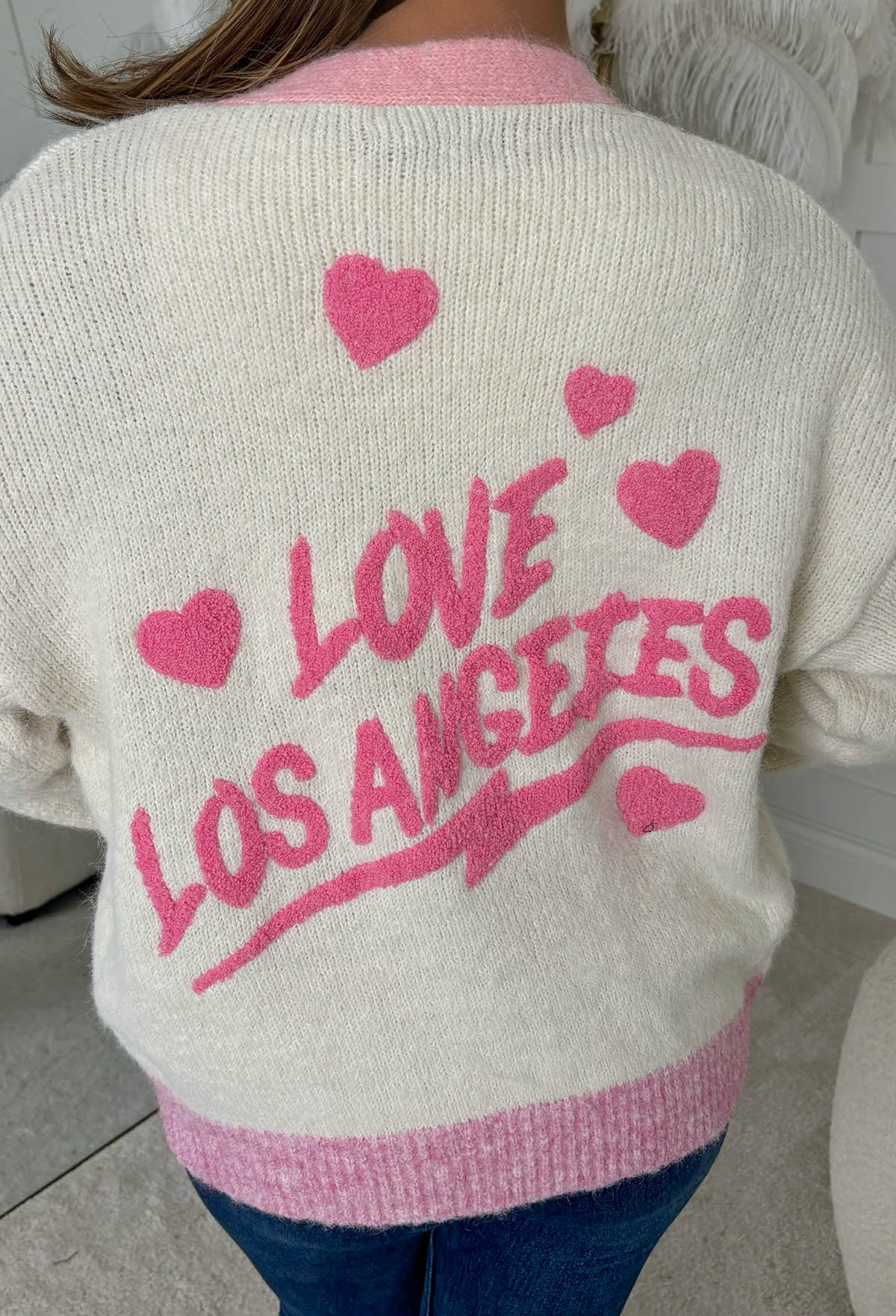 City Of Angels Cream Slogan Back Cardigan - Image 2
