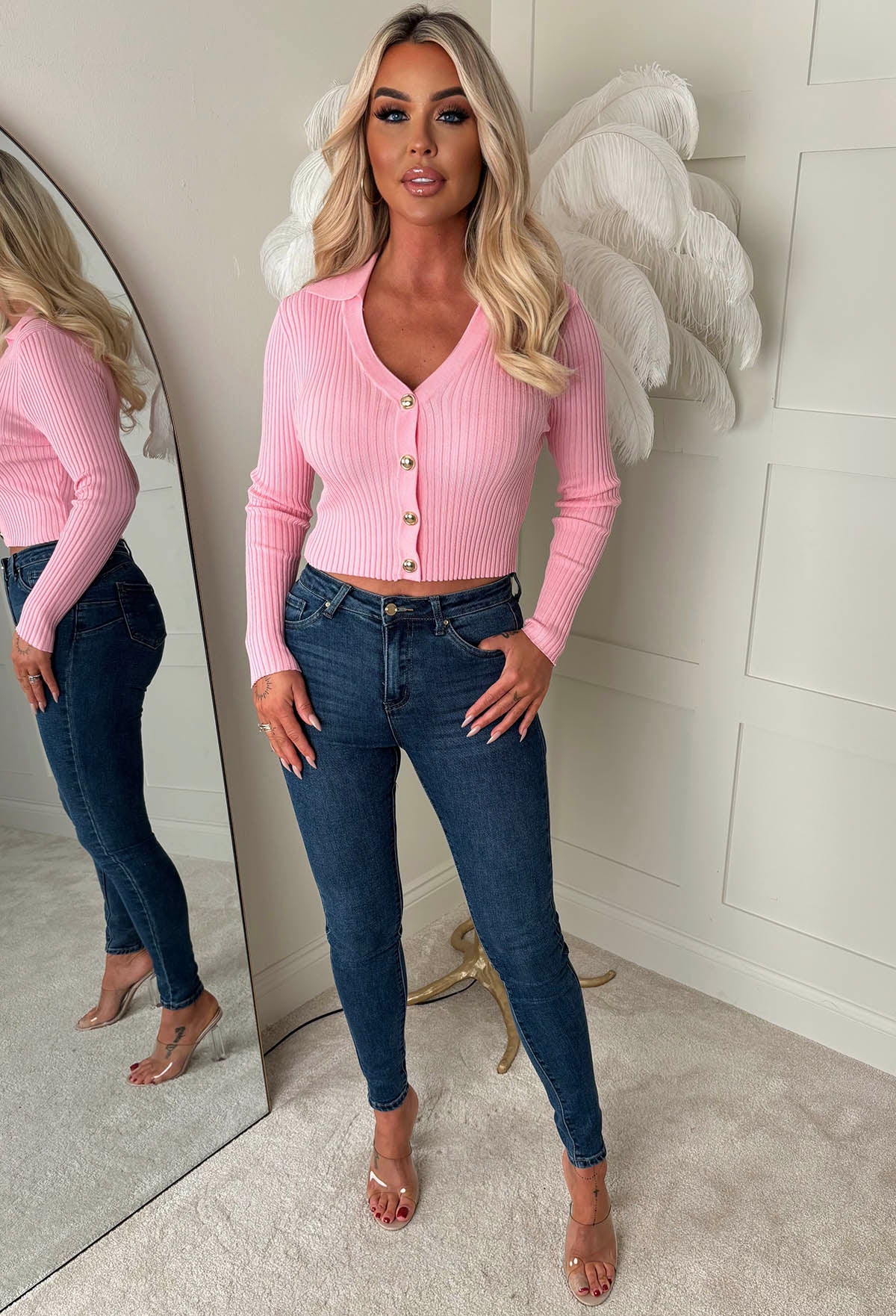 Classic Couture Baby Pink Rib Knit Button V-Neck Jumper - Image 2