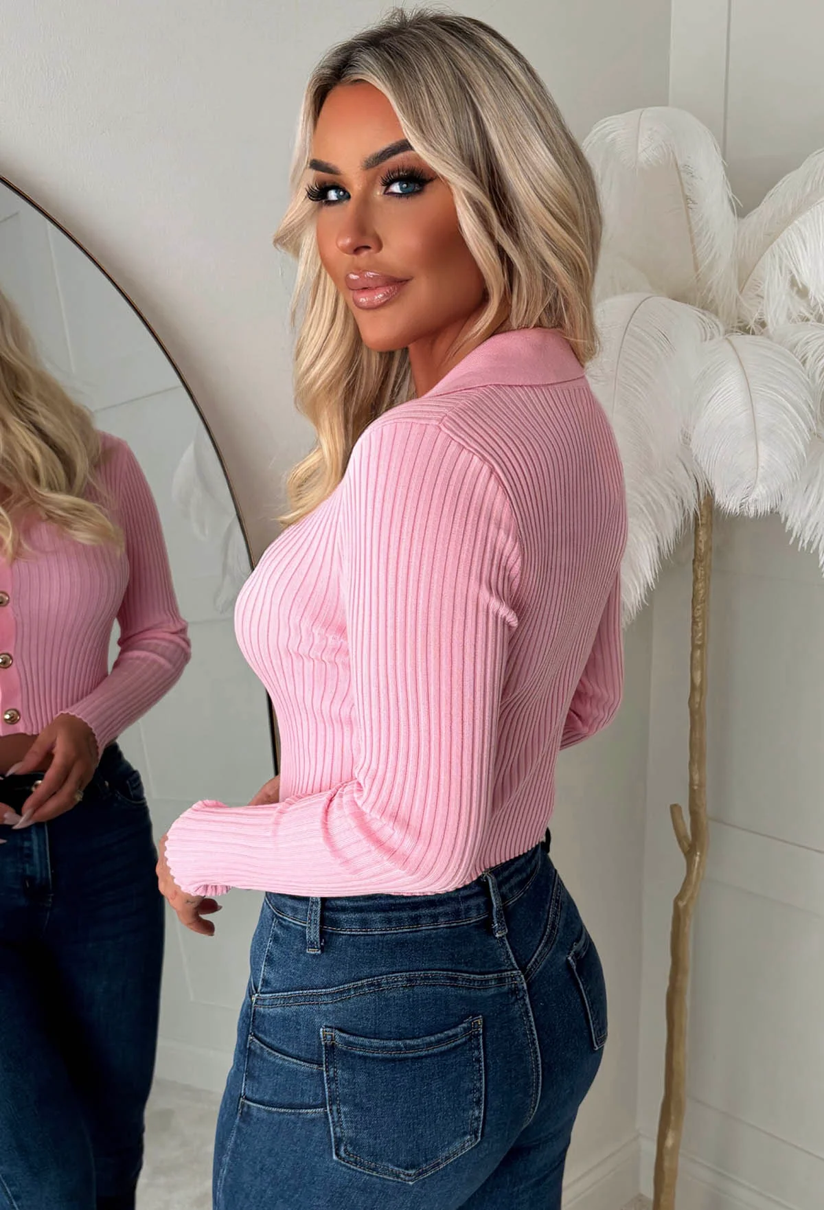 Classic Couture Baby Pink Rib Knit Button V-Neck Jumper - Image 3