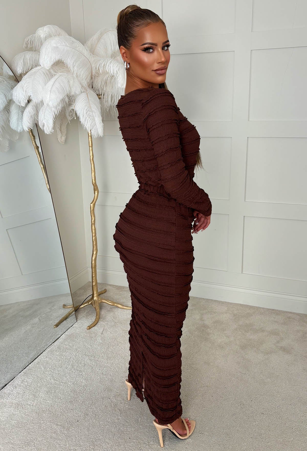 Classy Girl Chocolate Brown Textured Button Top & Skirt Co-ord Set - Image 2