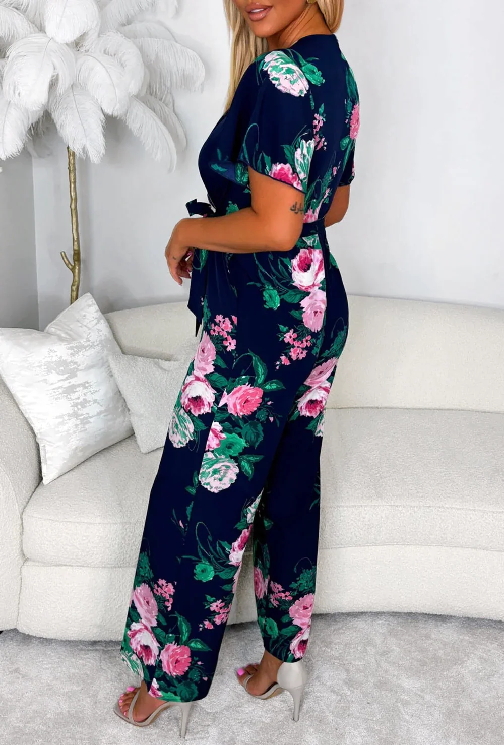 Climbing Rose Navy Tie Waist Cross Front Jumpsuit - Image 3