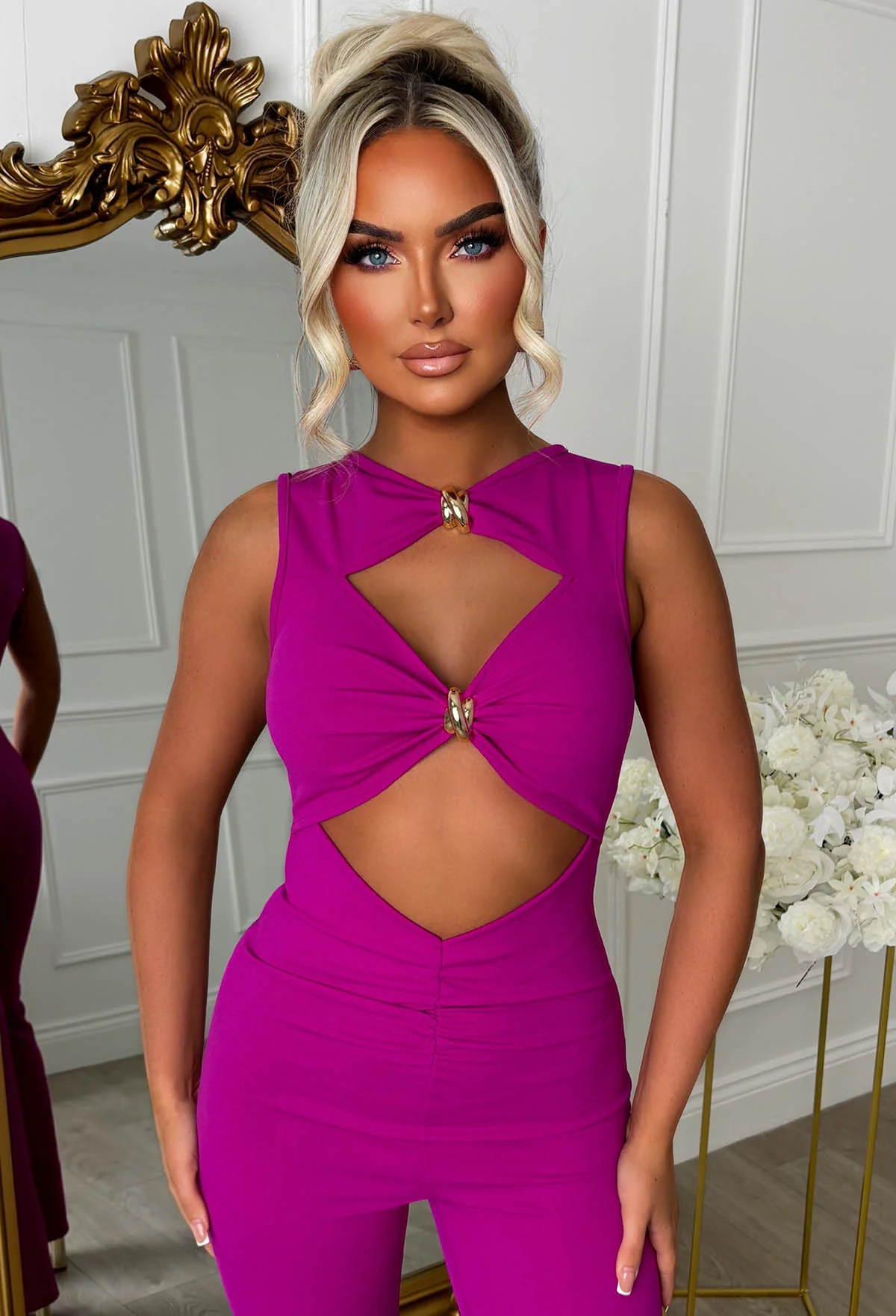 Clio Fuchsia Buckle Detail Cutout Jumpsuit - Image 8