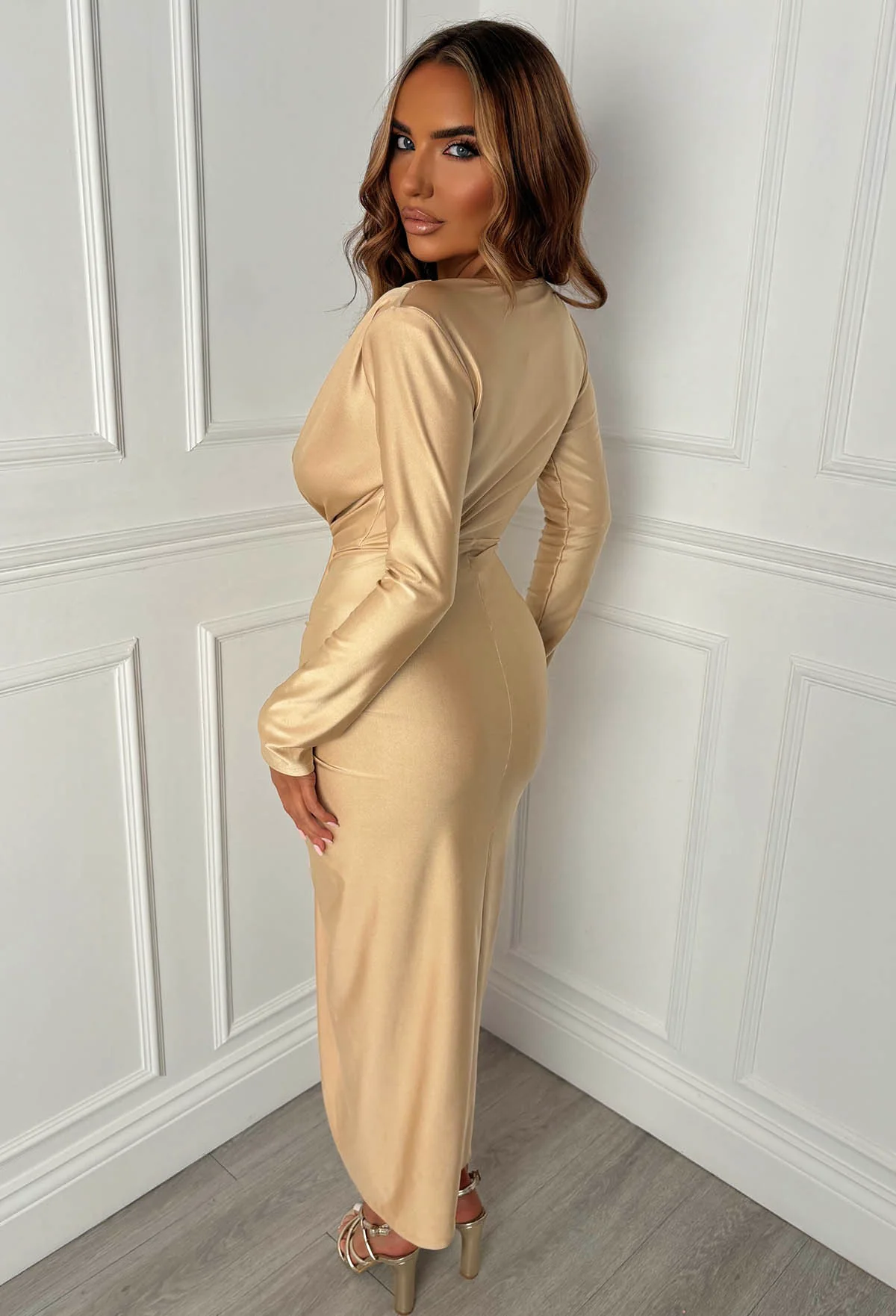 Cocktail Chic Gold Stretch Long Sleeve Plunge Ruched Midi Dress - Image 2