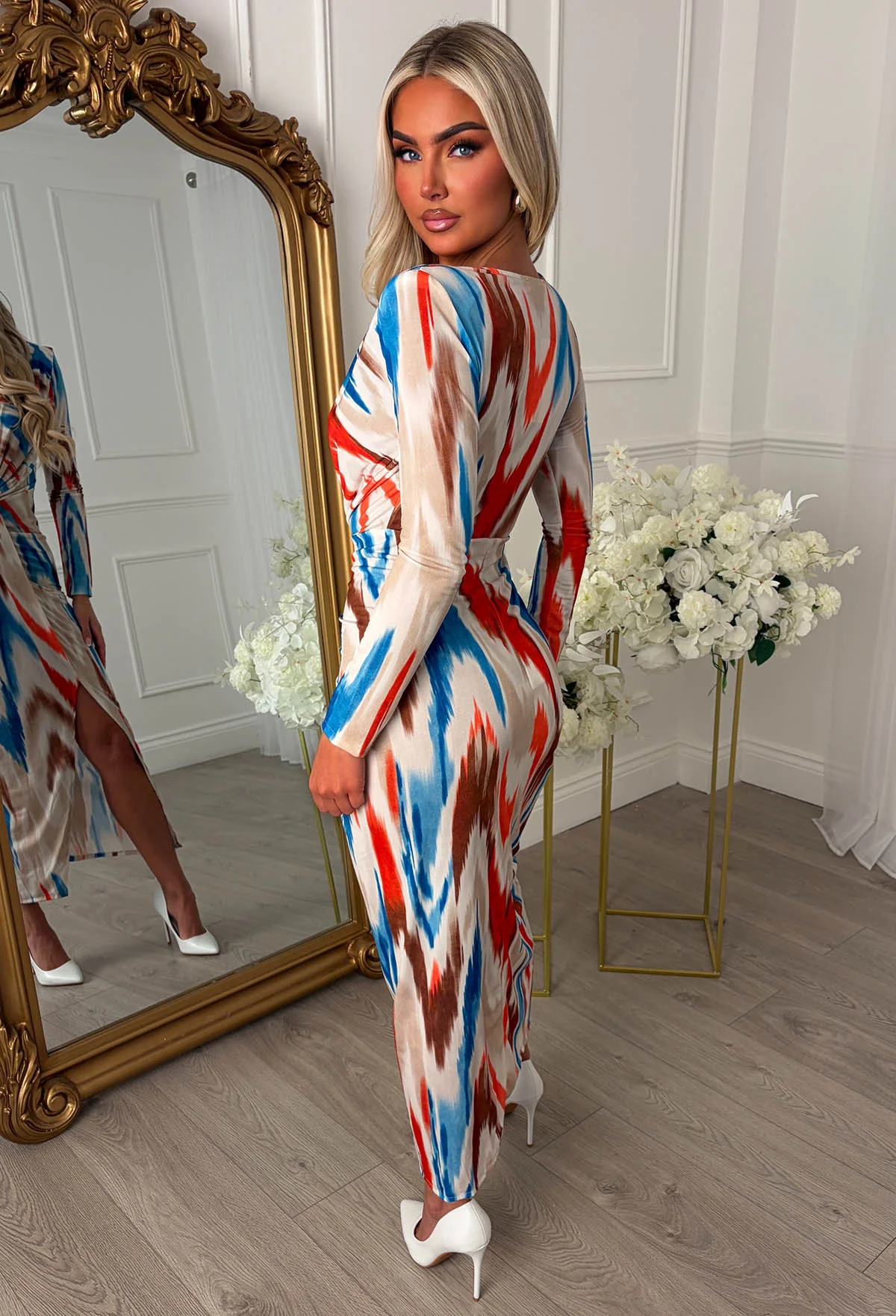 Cocktail Chic Multi Stretch Long Sleeve Plunge Ruched Midi Dress - Image 2