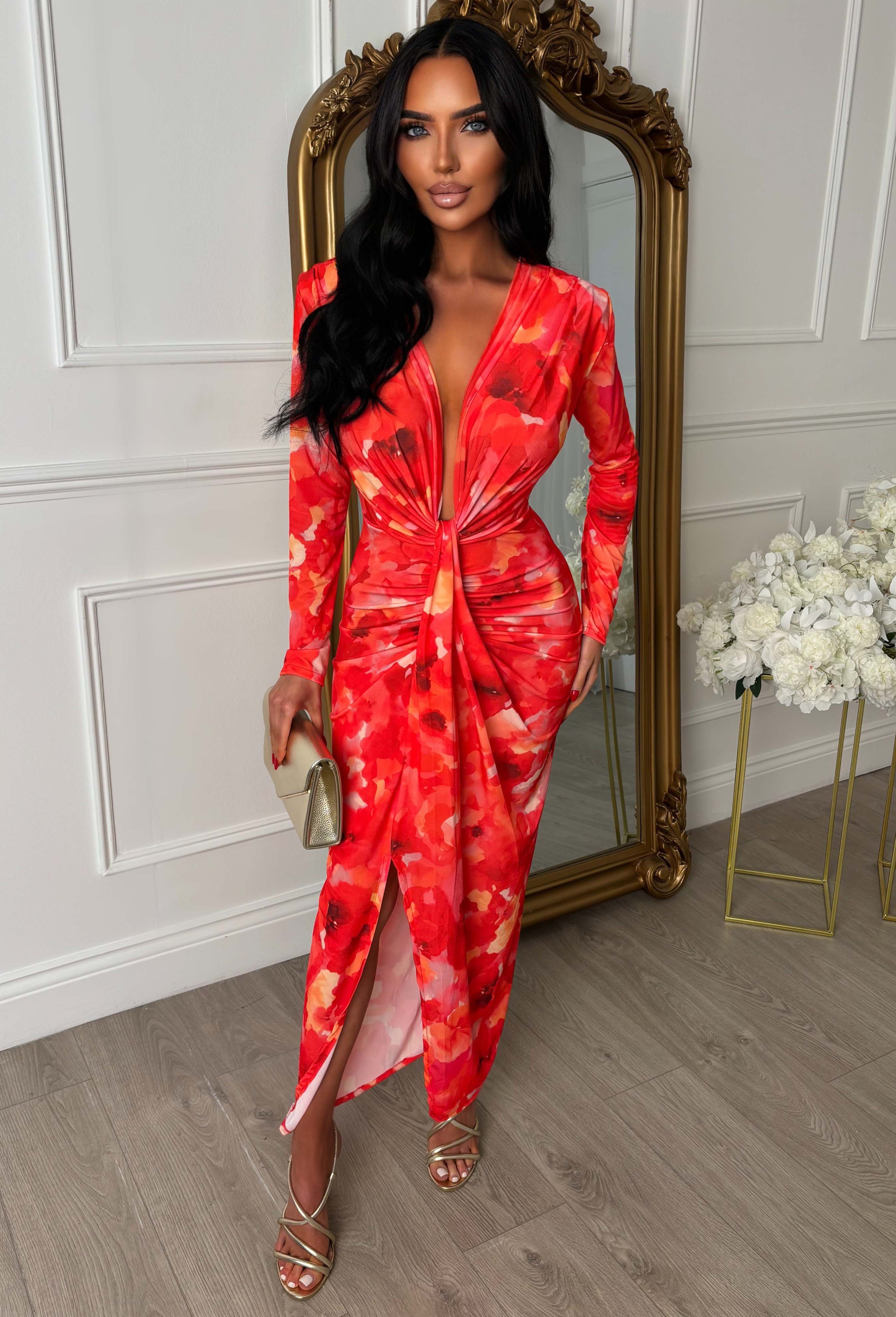 Cocktail Chic Pink Stretch Long Sleeve Plunge Ruched Midi Dress - Image 2