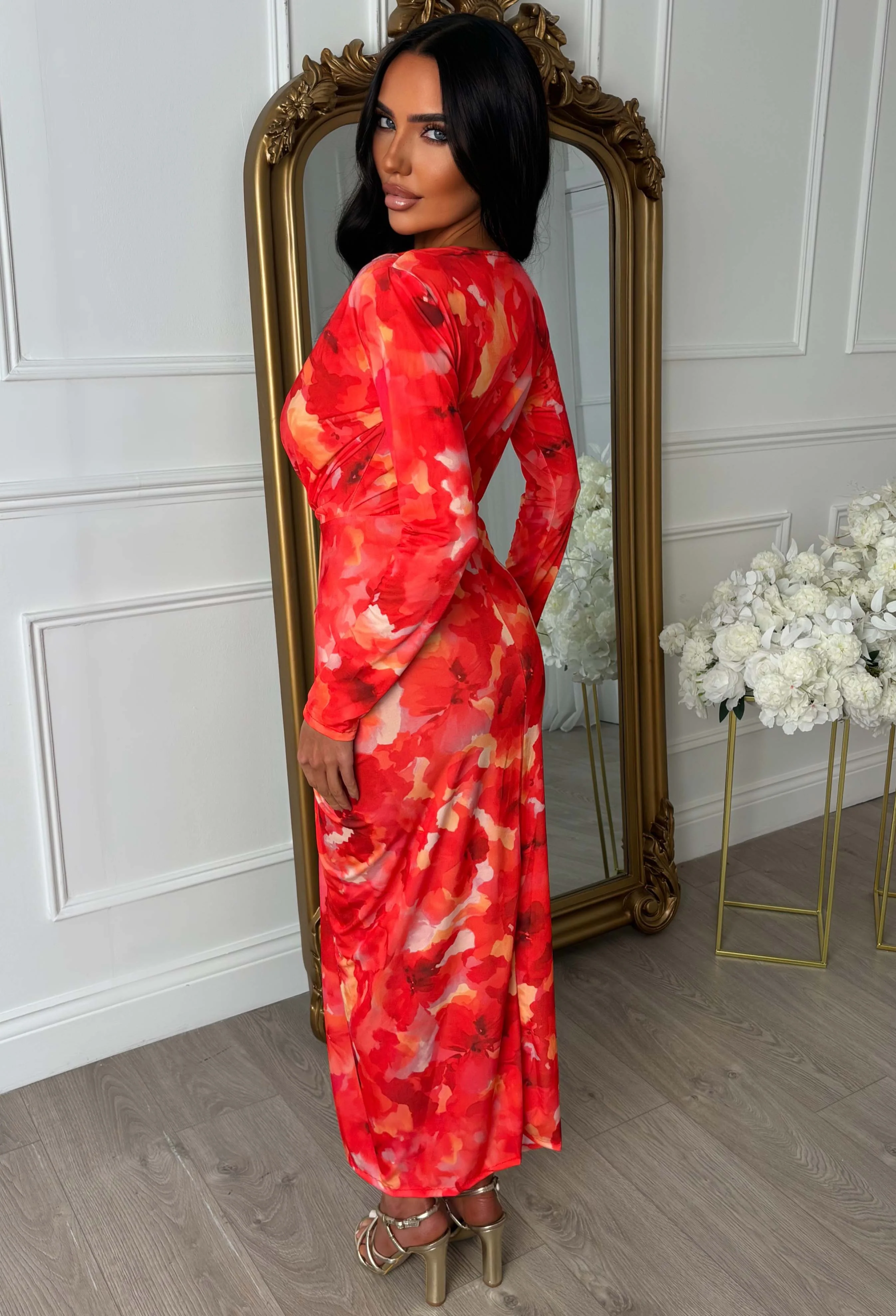 Cocktail Chic Pink Stretch Long Sleeve Plunge Ruched Midi Dress - Image 4