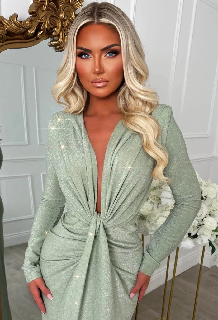 Cocktail Class Sage Green Lurex Plunge Long Sleeve Midi Dress - Image 3