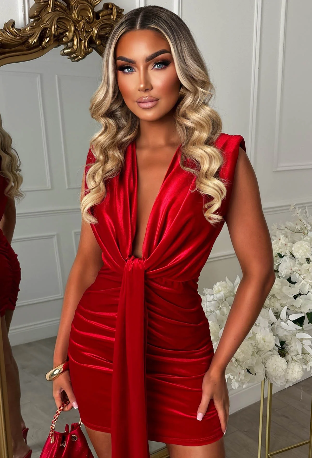 Cocktail Diva Red Velvet Sleeveless Plunge Ruched Mini Dress - Image 3