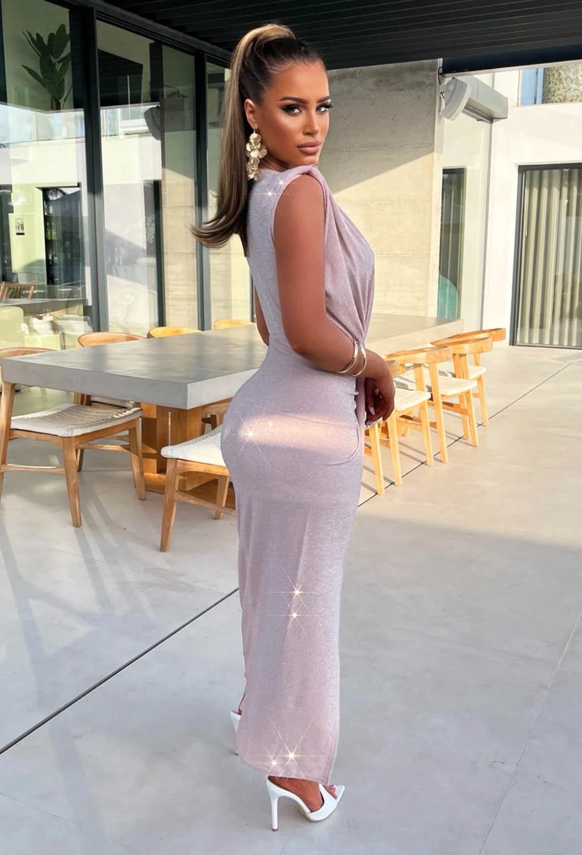 Cocktail Glamour Pink Stretch Lurex Sleeveless Plunge Ruched Midi Dress - Image 3