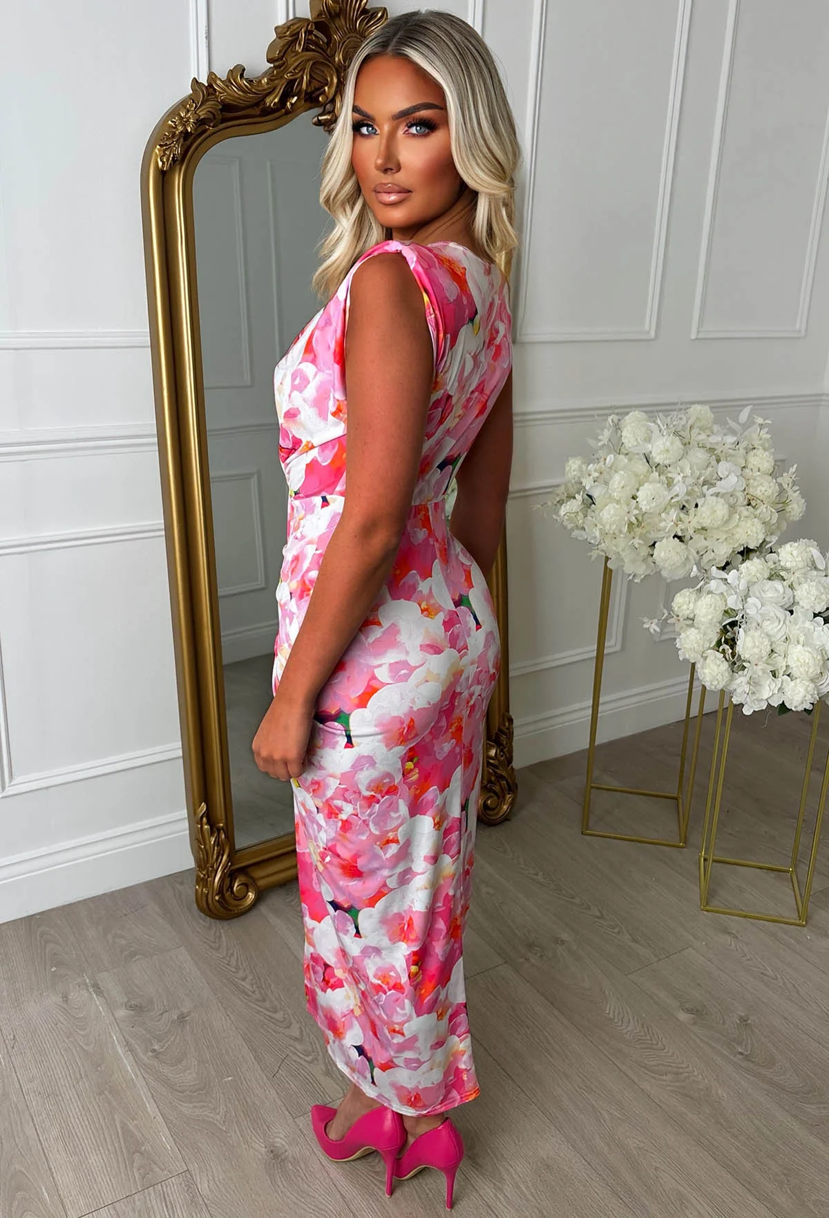 Cocktail Hour Pink Peach Blossoms Sleeveless Plunge Ruched Midi Dress - Image 2