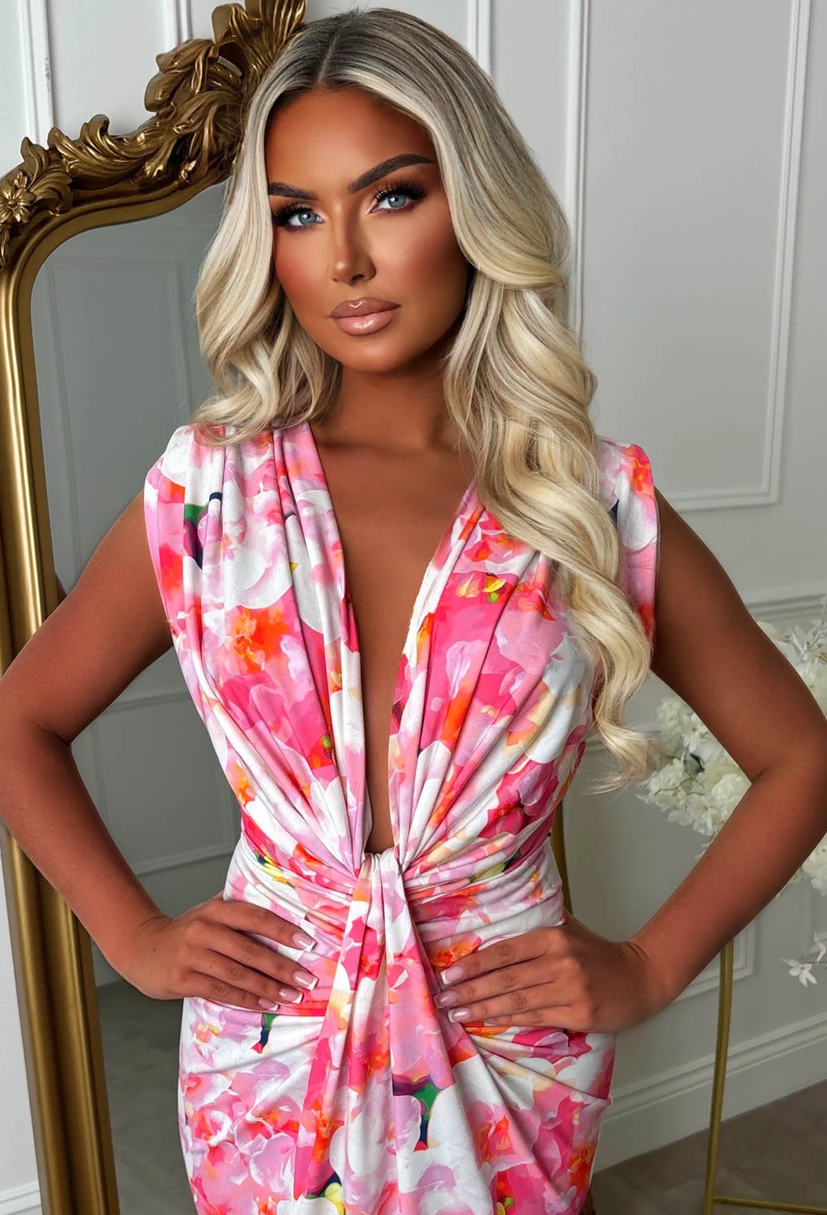 Cocktail Hour Pink Peach Blossoms Sleeveless Plunge Ruched Midi Dress - Image 3