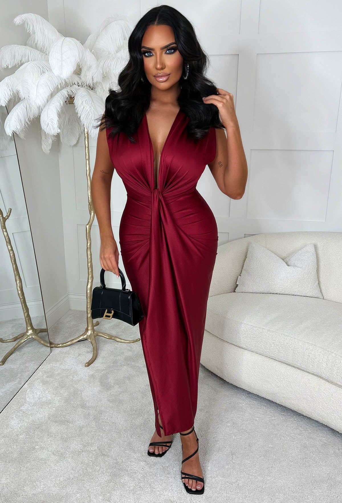 Cocktail Hour Red Stretch Sleeveless Plunge Ruched Midi Dress - Image 2