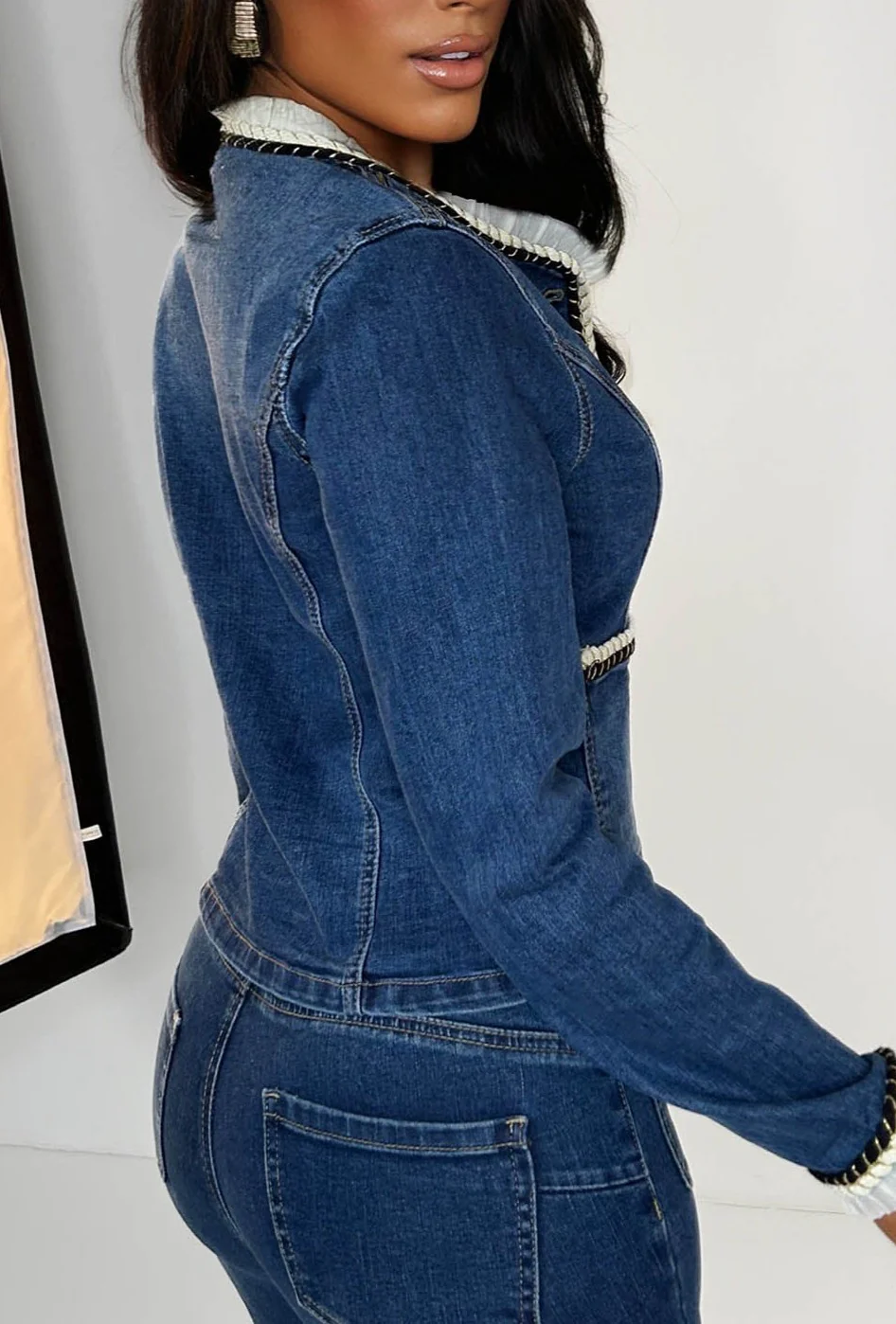 Coco Babe Mid Blue Denim Cropped Collarless Jacket - Image 2