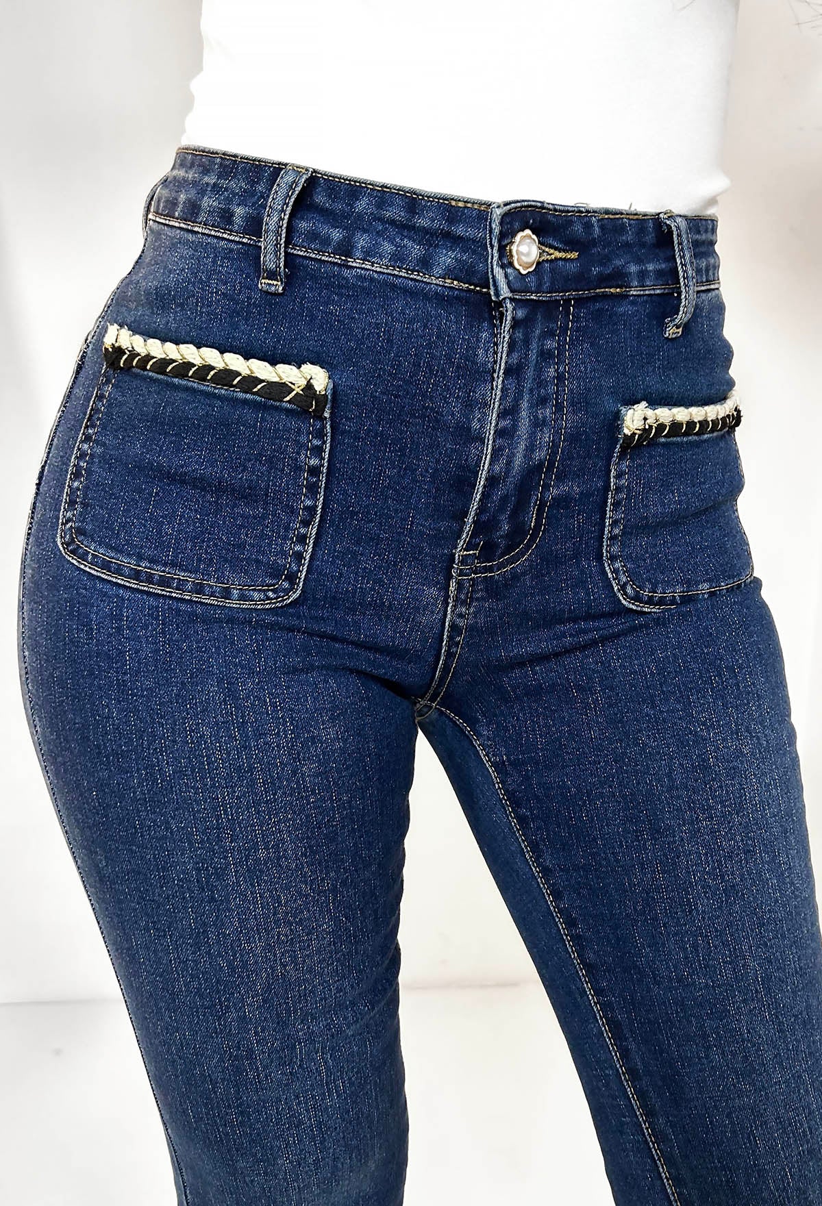 Coco Slay Mid Blue Stretch Denim Flared Mid Rise Jeans - Image 4