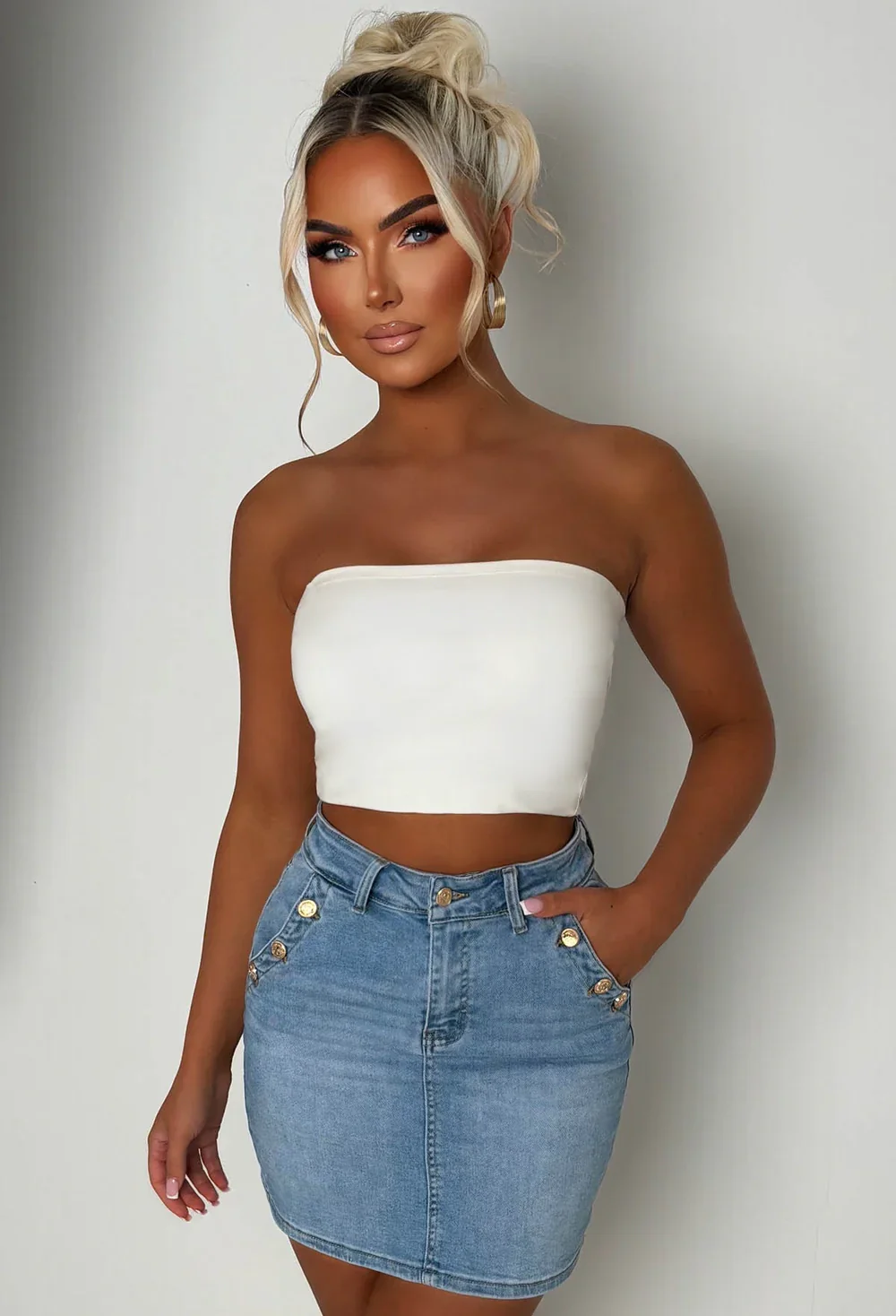 Coco Vibes Mid Wash Stretch Denim Gold Button Mini Skirt
