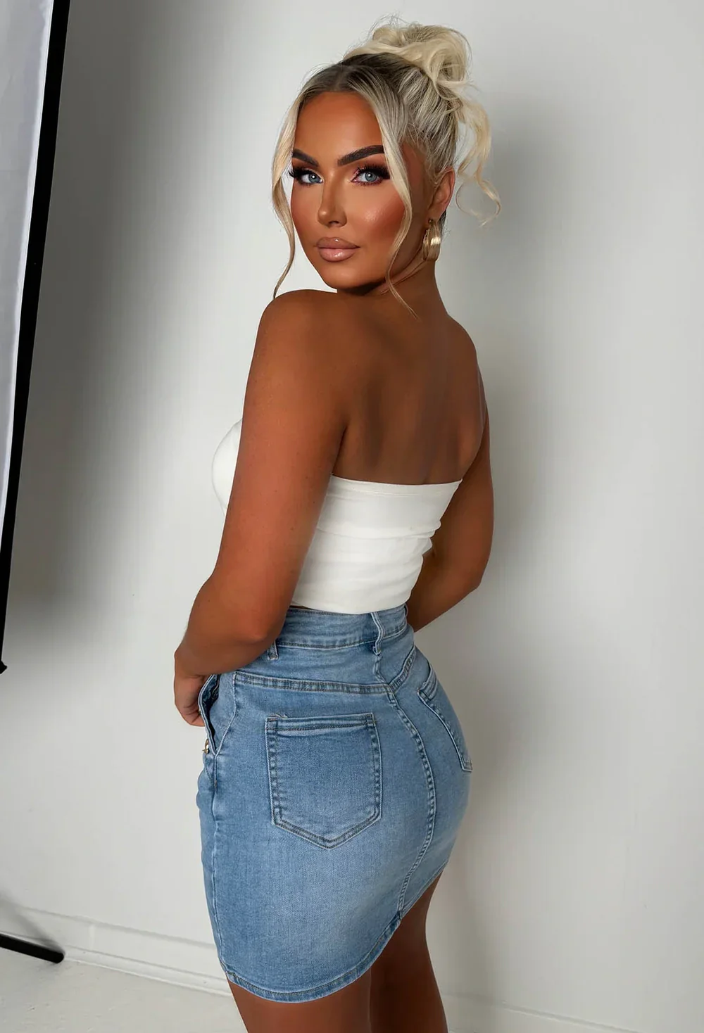 Coco Vibes Mid Wash Stretch Denim Gold Button Mini Skirt - Image 3