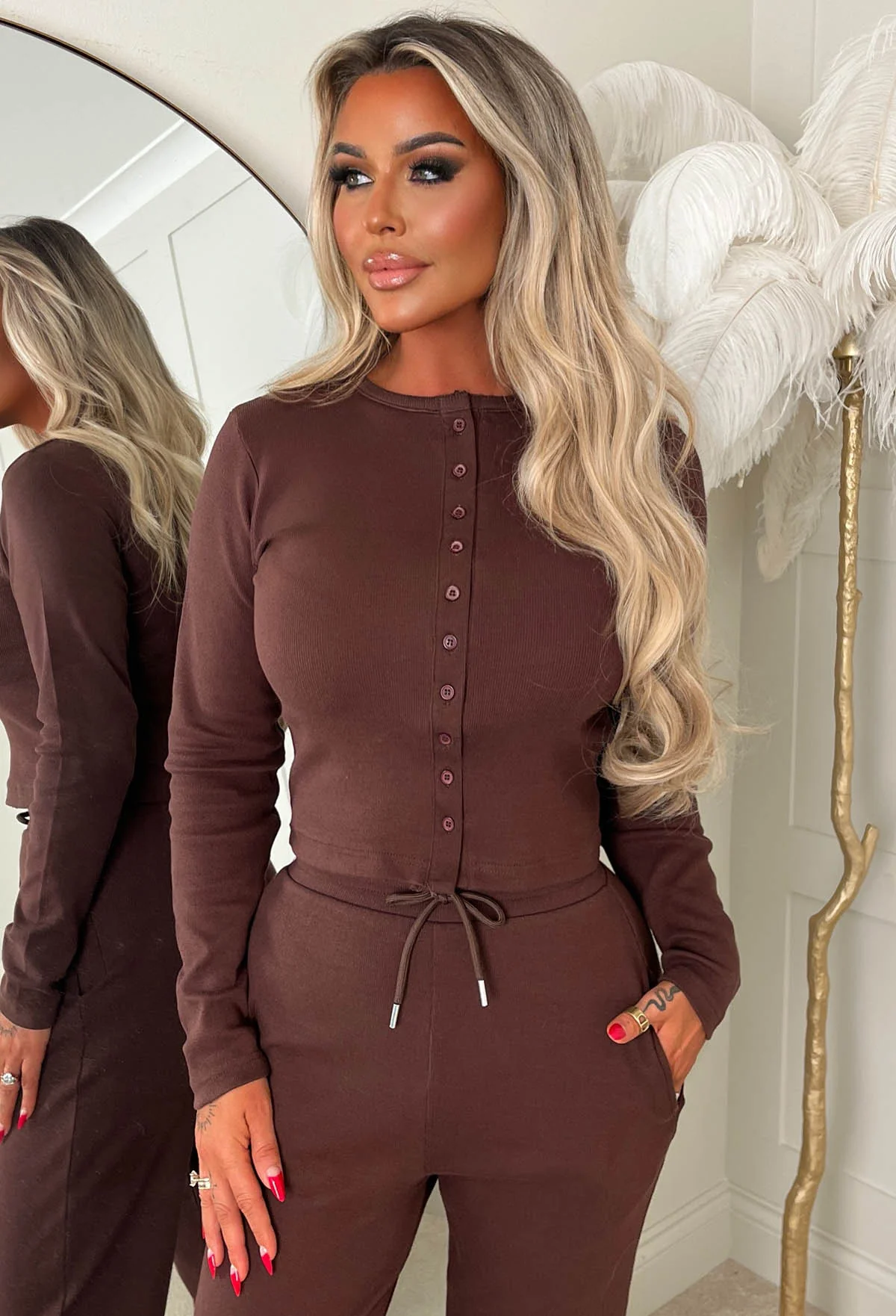 Comfort Me Chocolate Brown Ribbed Long Sleeve Co-ord Set - Image 5