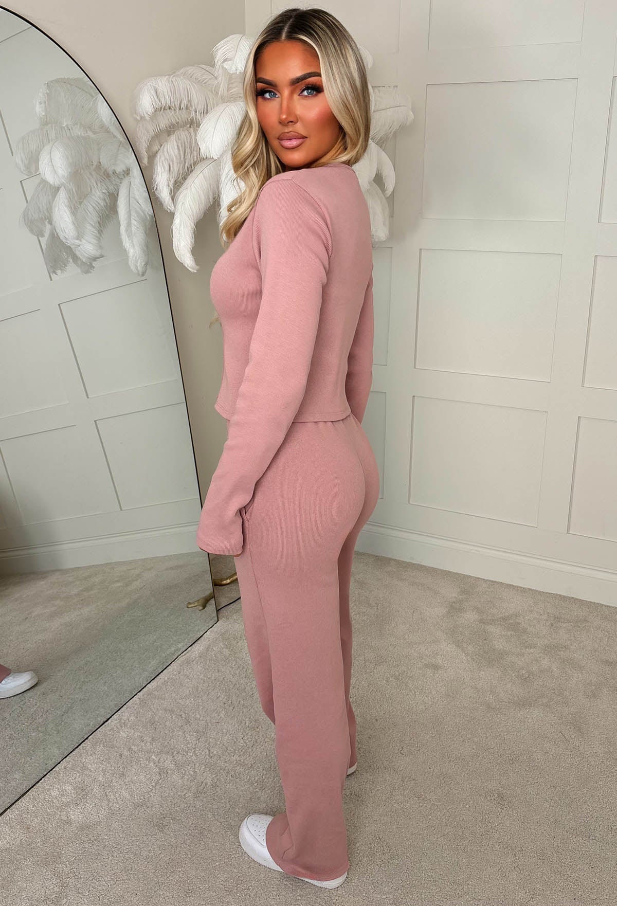 Comfort Me Dusty Pink Ribbed Long Sleeve Co-Ord Set - Image 2