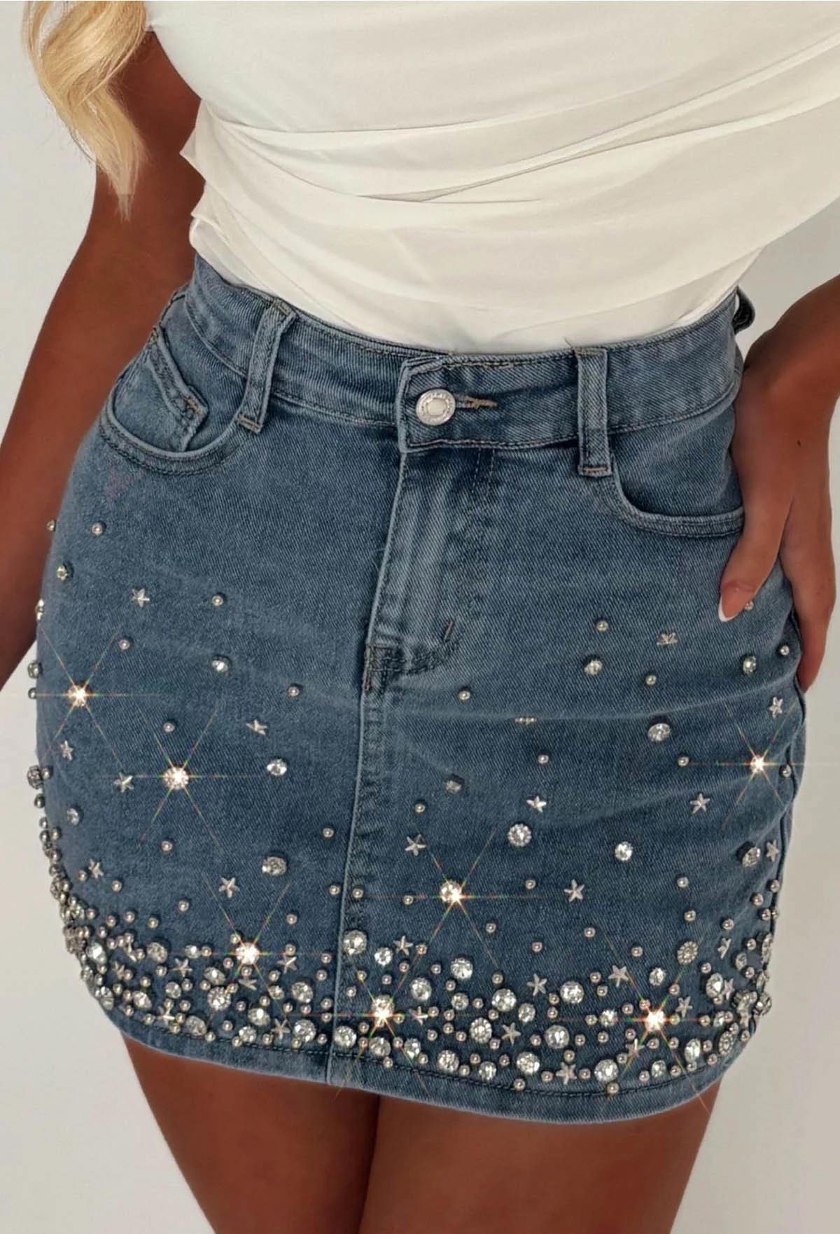 Coming For You Mid Blue Stretch Denim Embellished Skirt - Image 2