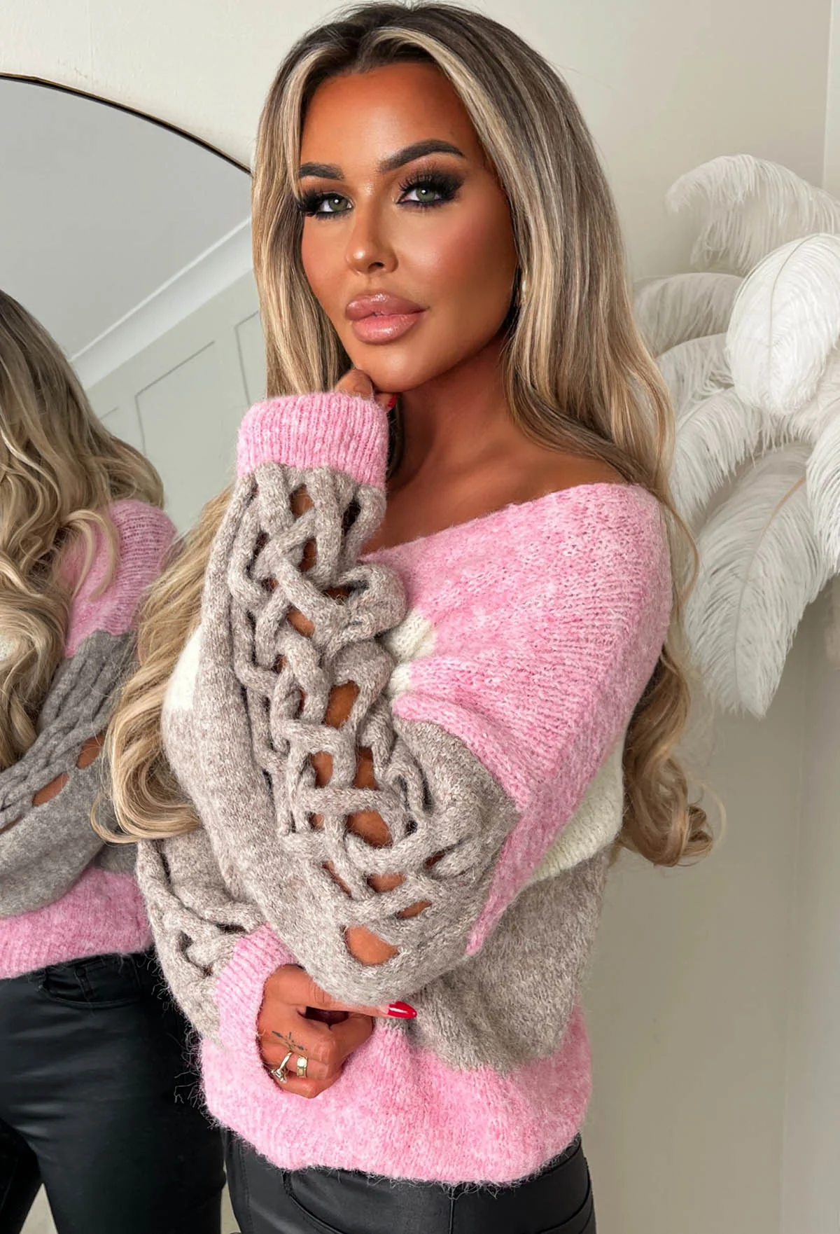 Complete Me Light Pink Stripe & Cable V Neck Jumper