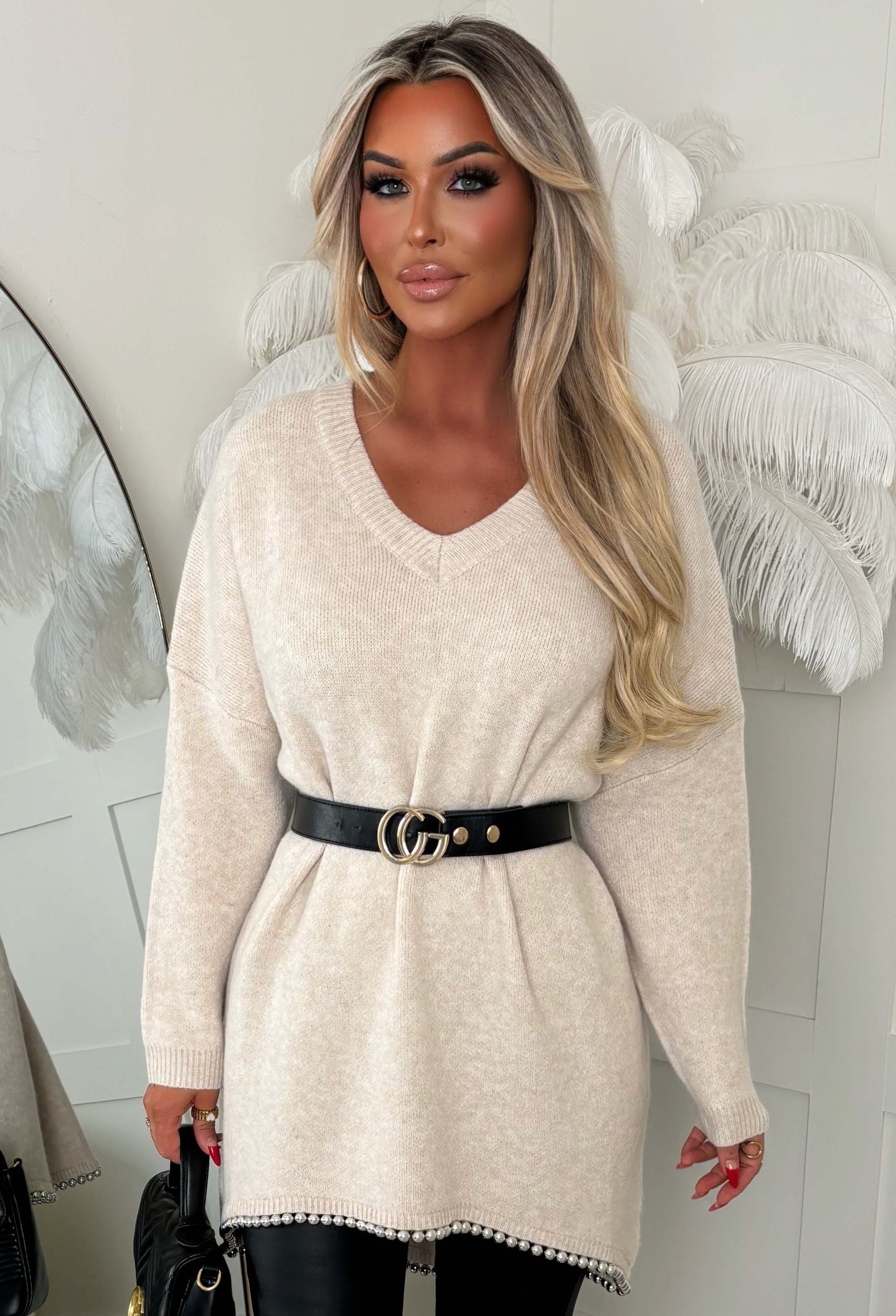 Cosy & Fierce Beige Batwing Beaded Trim Detail Jumper - Image 3