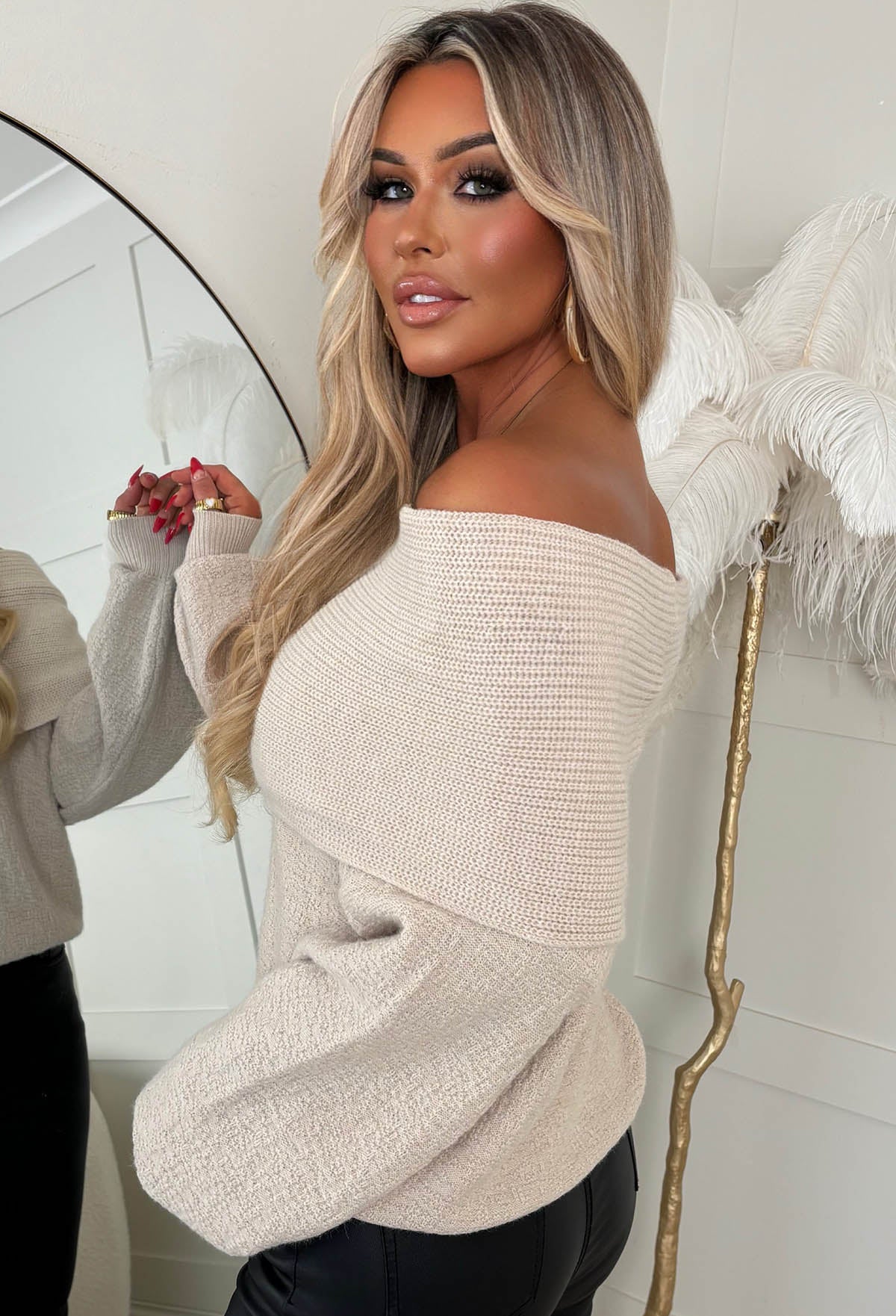 Cosy Girlie Beige Bardot Foldover Knitted Jumper - Image 2
