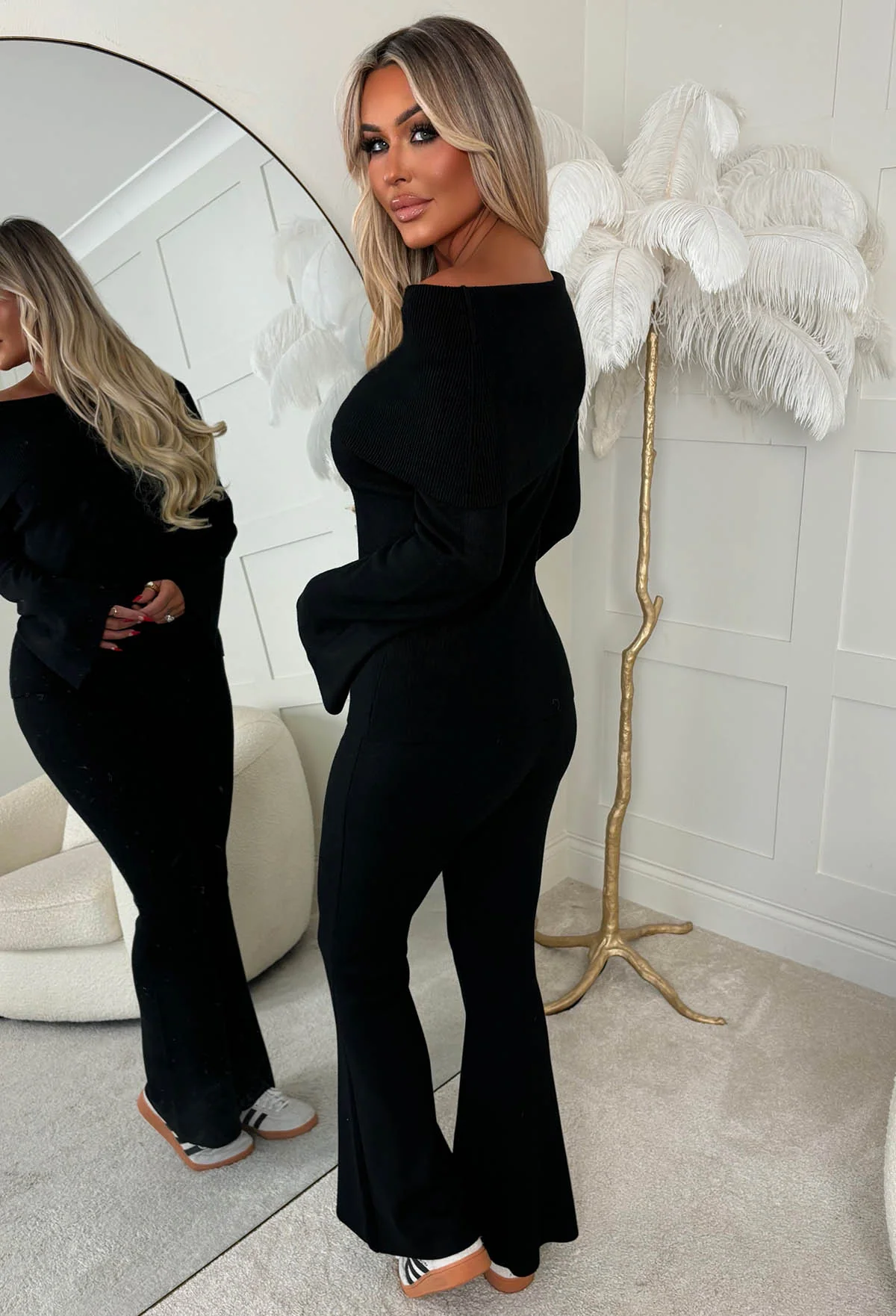 Cosy In The City Black Bardot Knit Top & Flare Trouser Set - Image 2