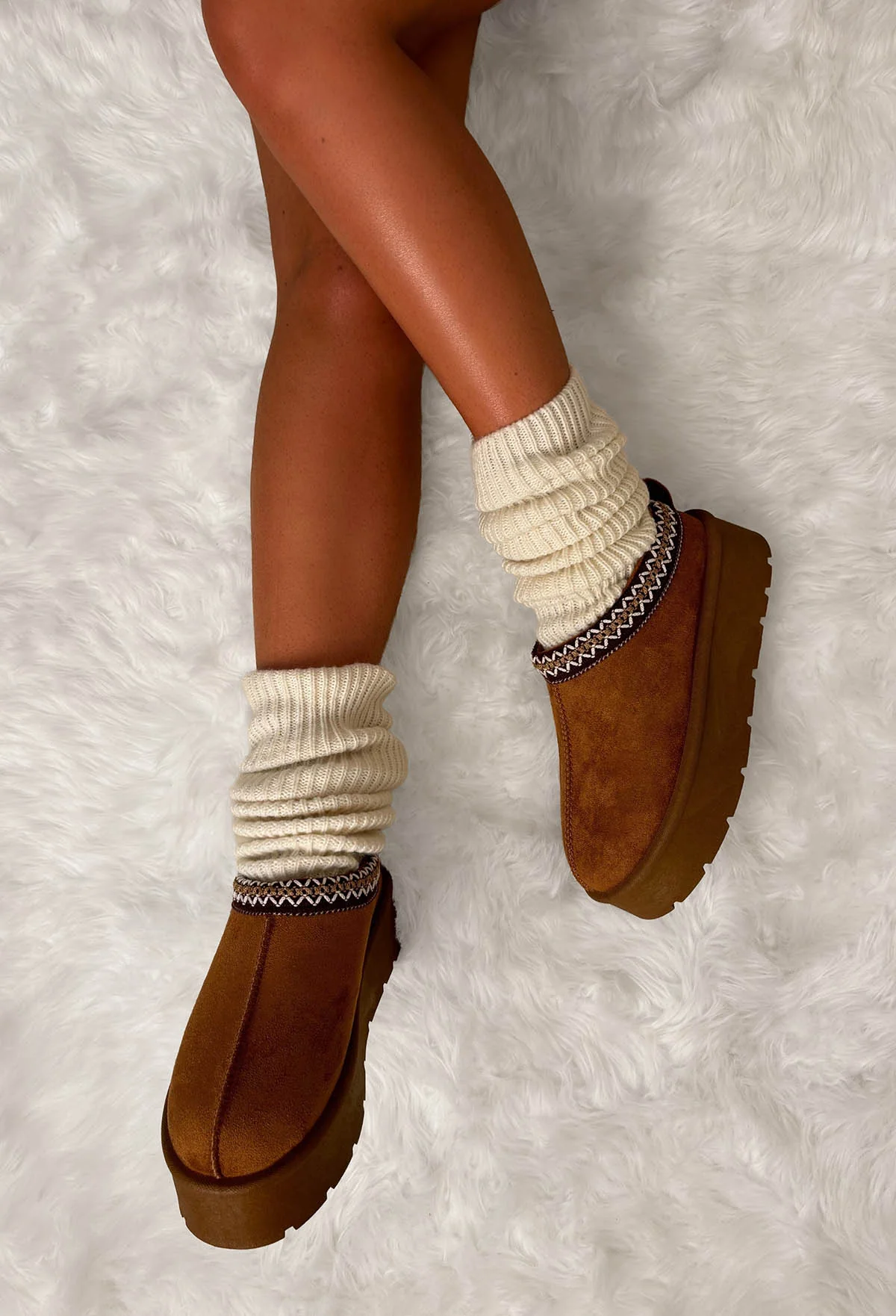Cosy Luxury Tan Aztec Trim Faux Fur Lined Platform Boots - Image 2