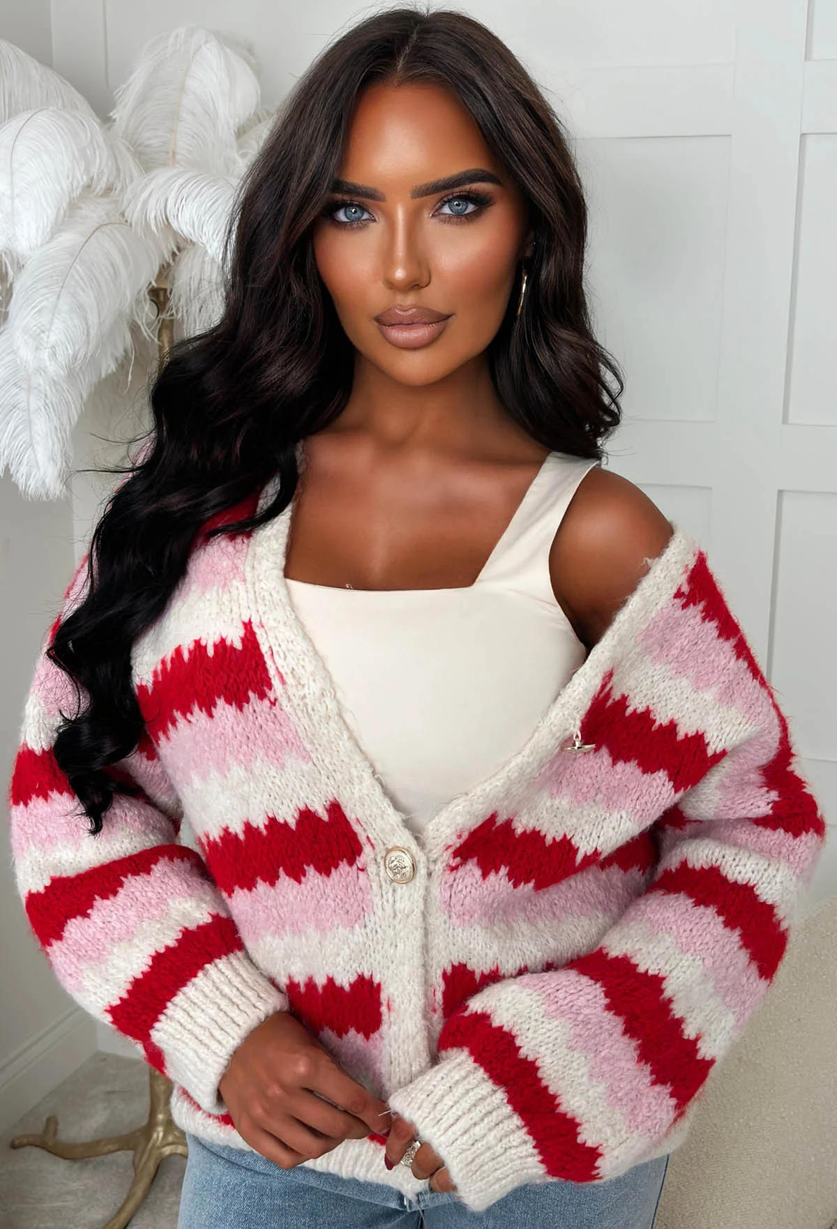 Cosy On Up Red Knitted Stripe Cardigan - Image 3