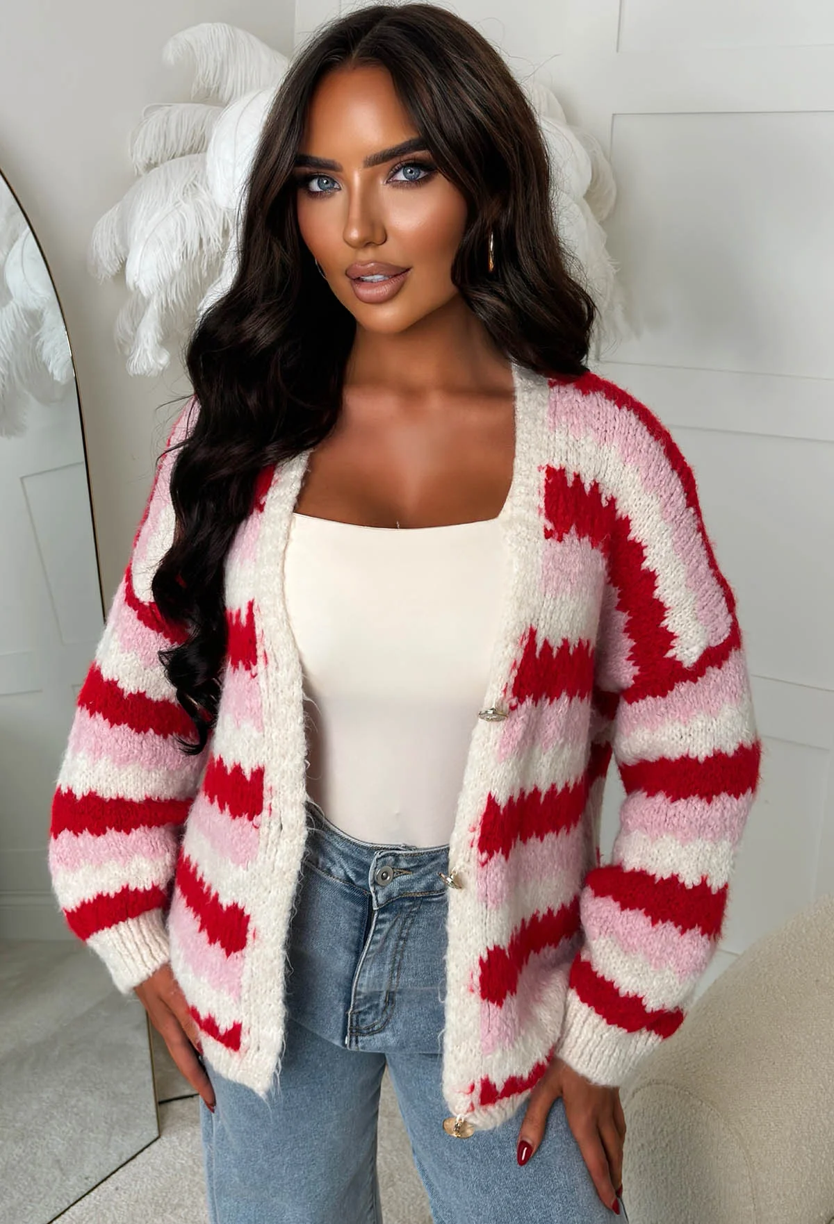Cosy On Up Red Knitted Stripe Cardigan - Image 4