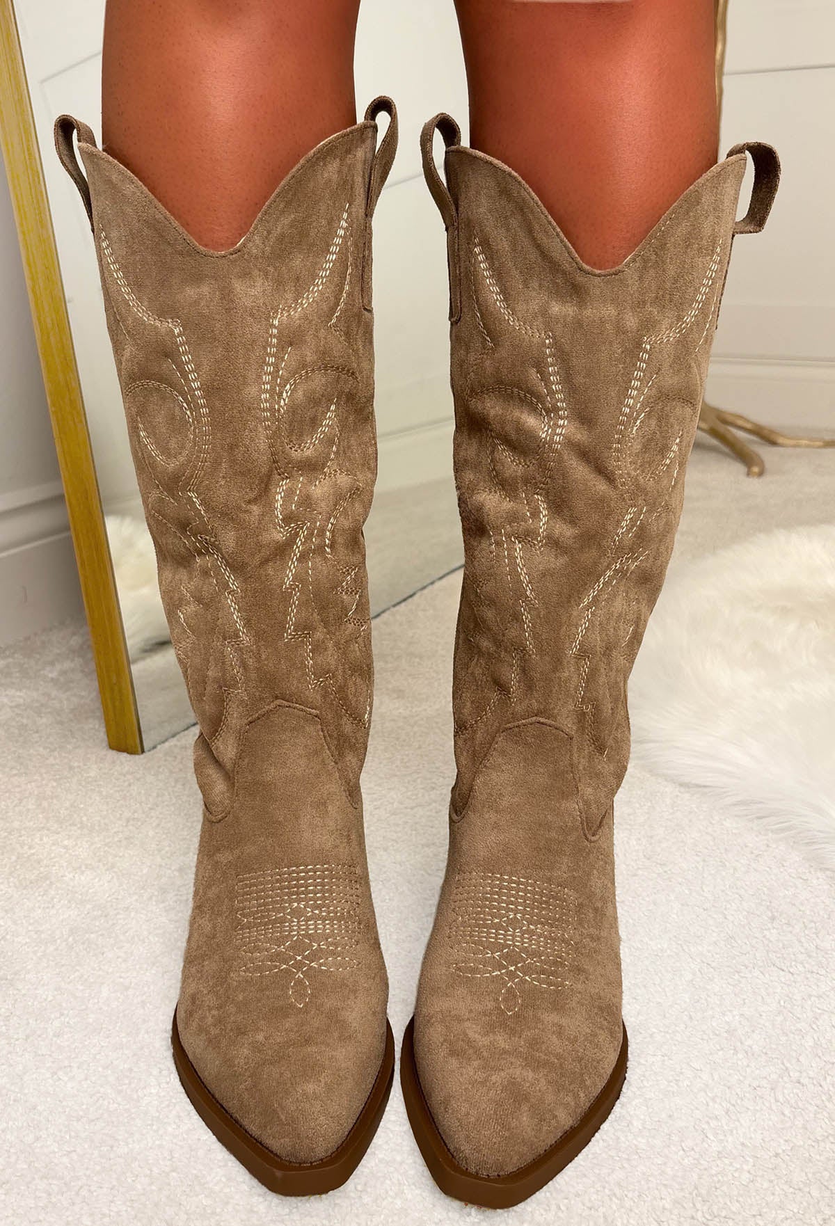 Cowboy Chic Taupe Embroidered Western Mid Calf Boots - Image 2