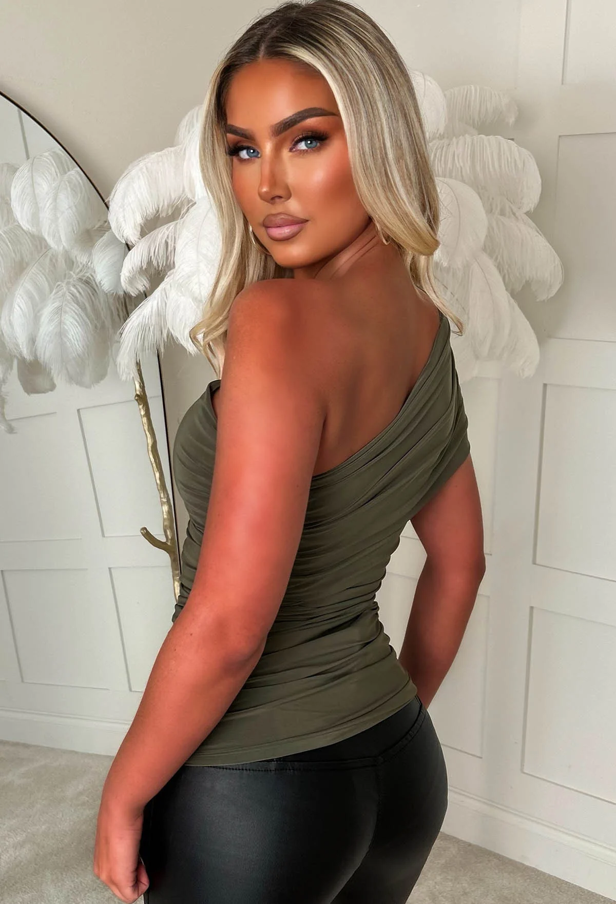 Crush Hour Khaki One Shoulder Ruched Top - Image 2