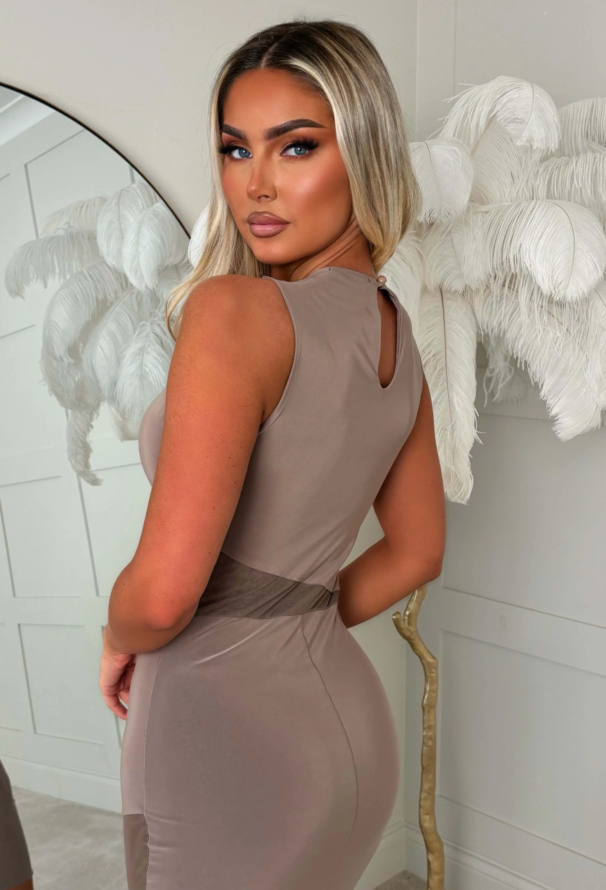 Cut It Out Mocha Mesh Panel Midi Dress - Image 4