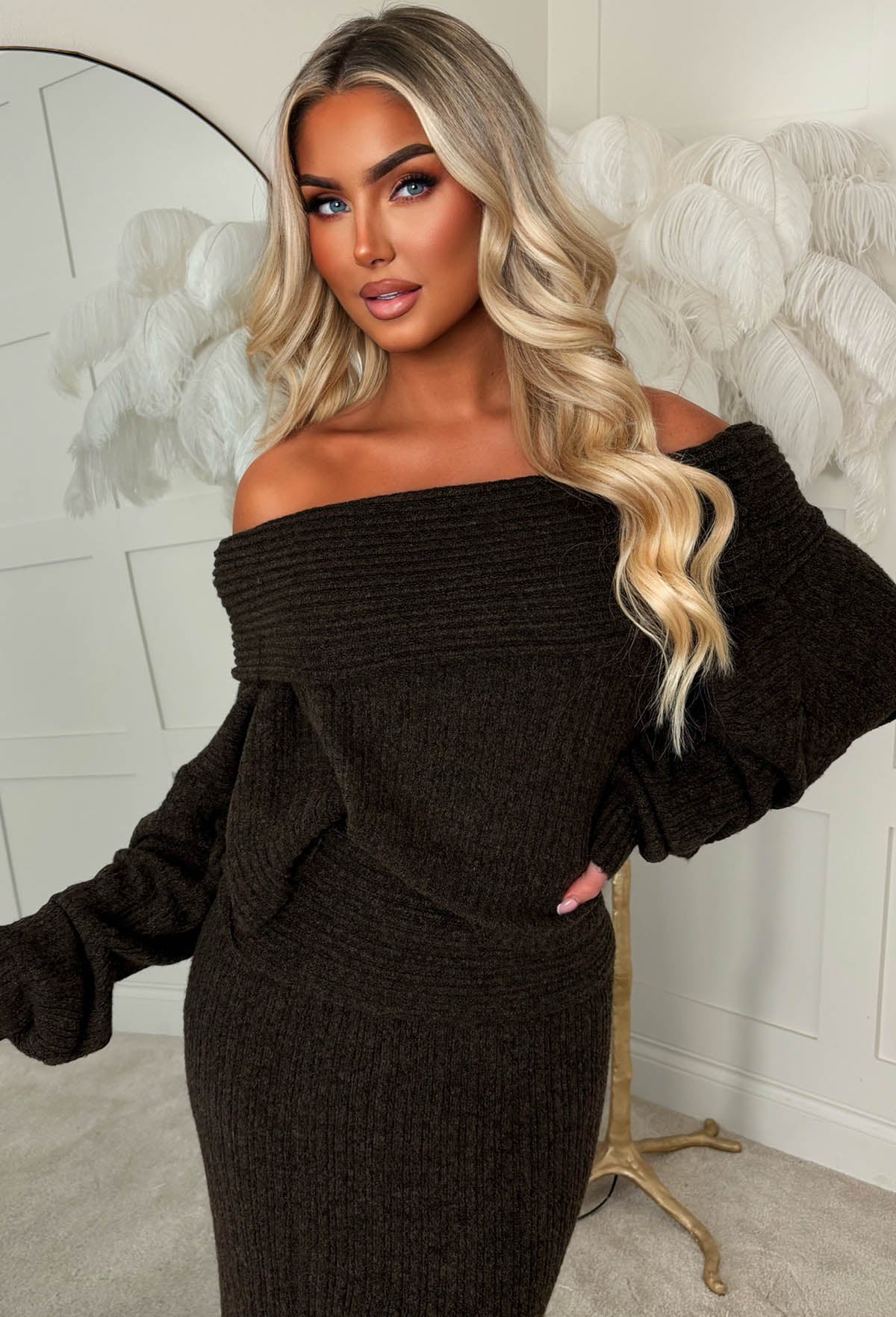 Cute As Brown Knitted Bardot Jumper & Maxi Skirt Set - Image 3