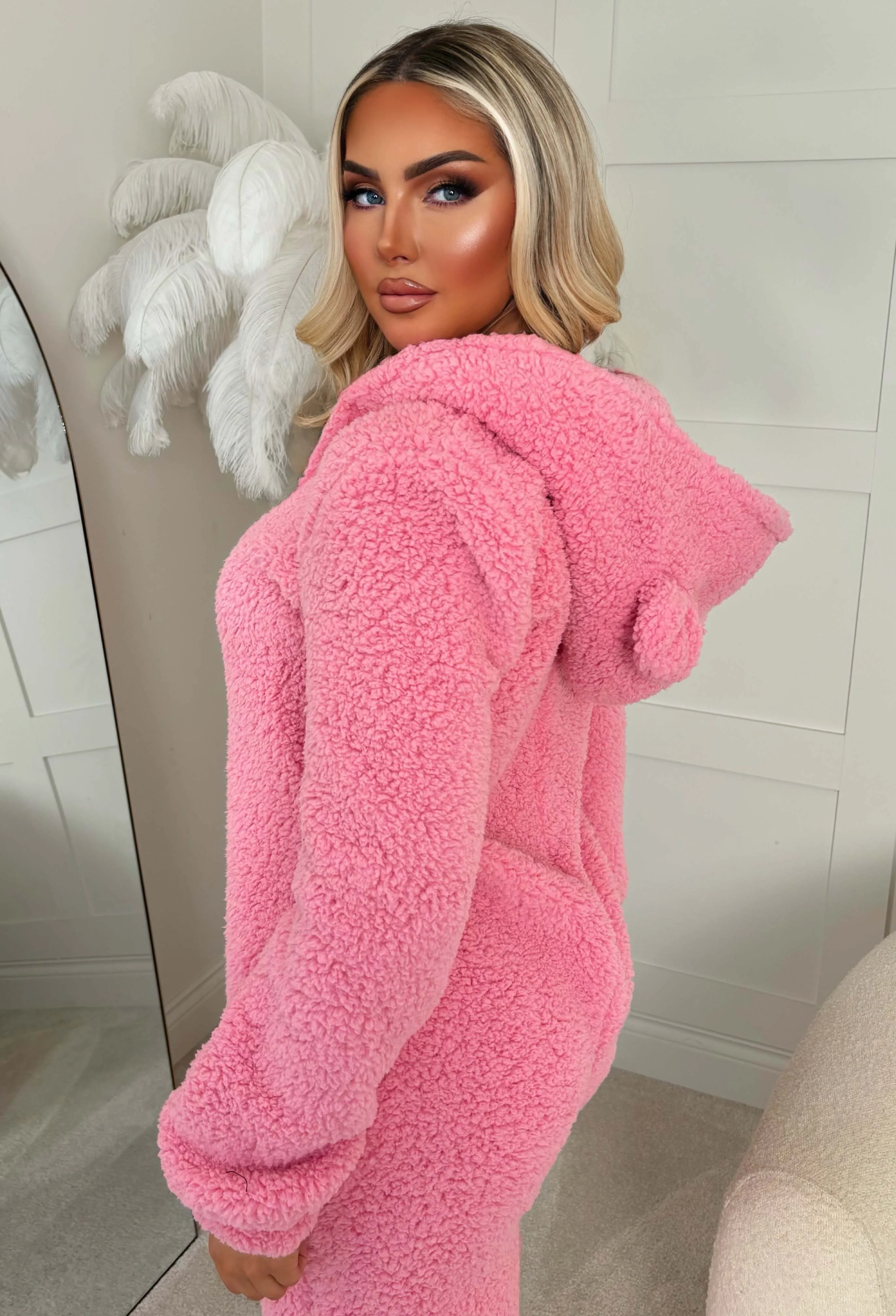 Cute & Cuddly Hot Pink Teddy Bear Hooded Zip Up Onesie - Image 5