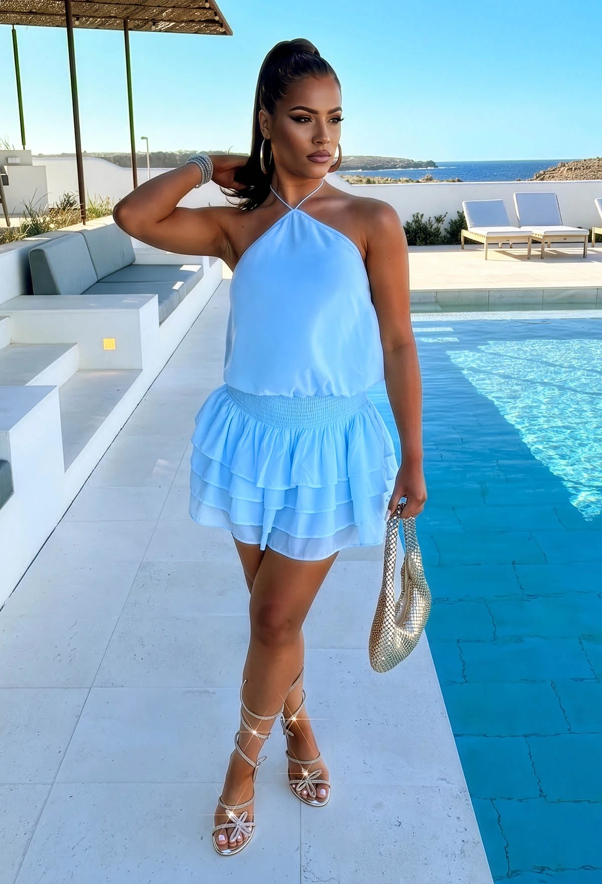 Dangerously Divine Blue Frill Halter Mini Dress - Image 2