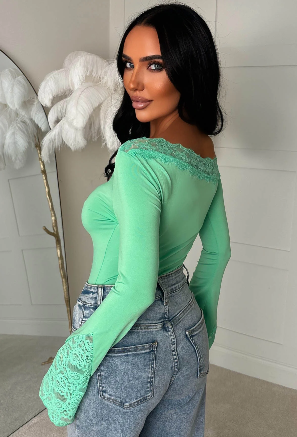 Dare To Dream Aqua Lace Asymmetrical Neck Flared Sleeve Top - Image 3