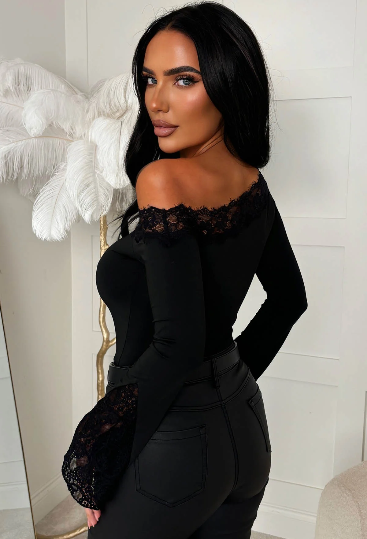 Dare To Dream Black Lace Asymmetric Neck Flare Sleeve Top - Image 3